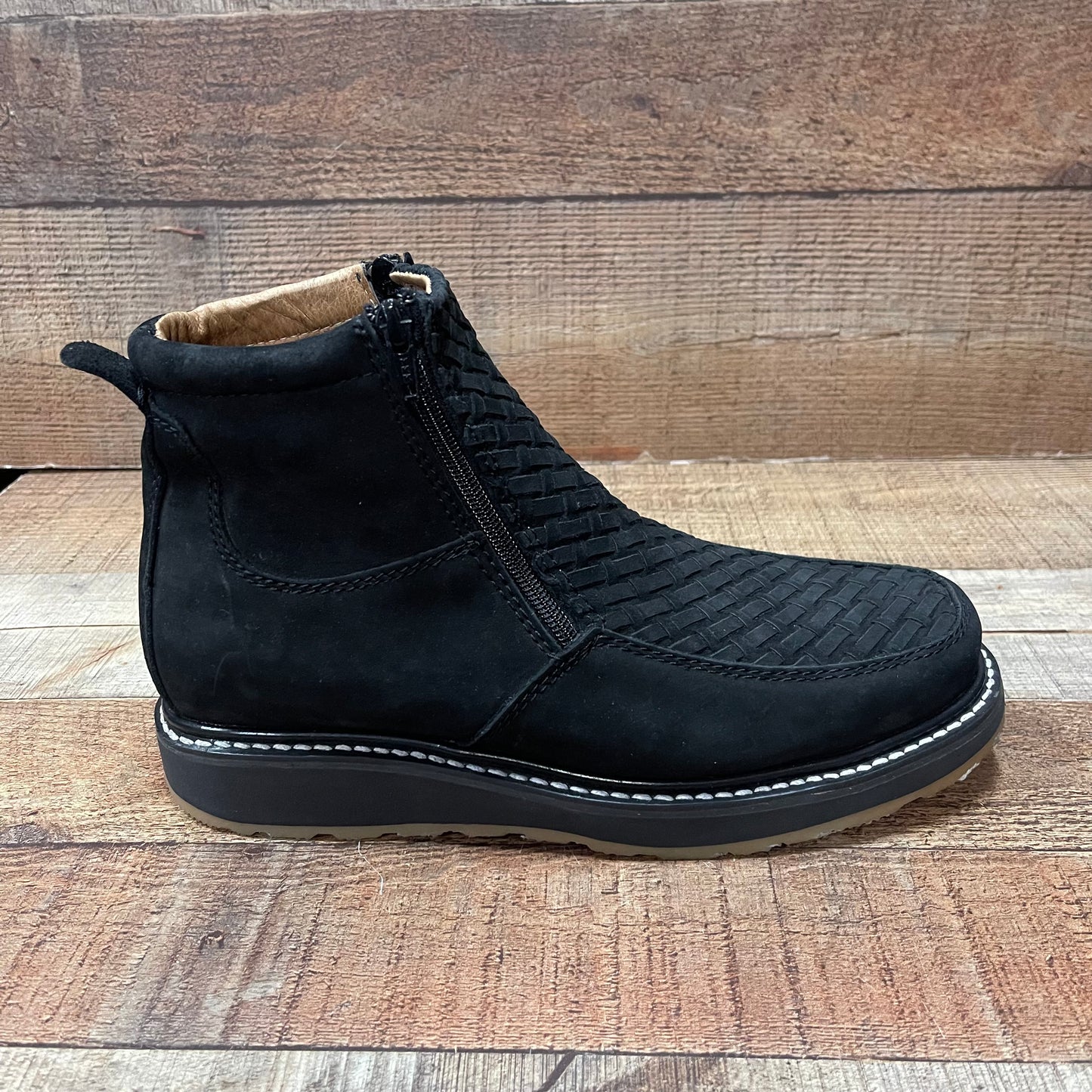 Men's Work Black Double Zipper Handwoven Genuine Leather Oil/Water Resistant Est.33 Petatillo Negro Suela Doble Densidad Cierres