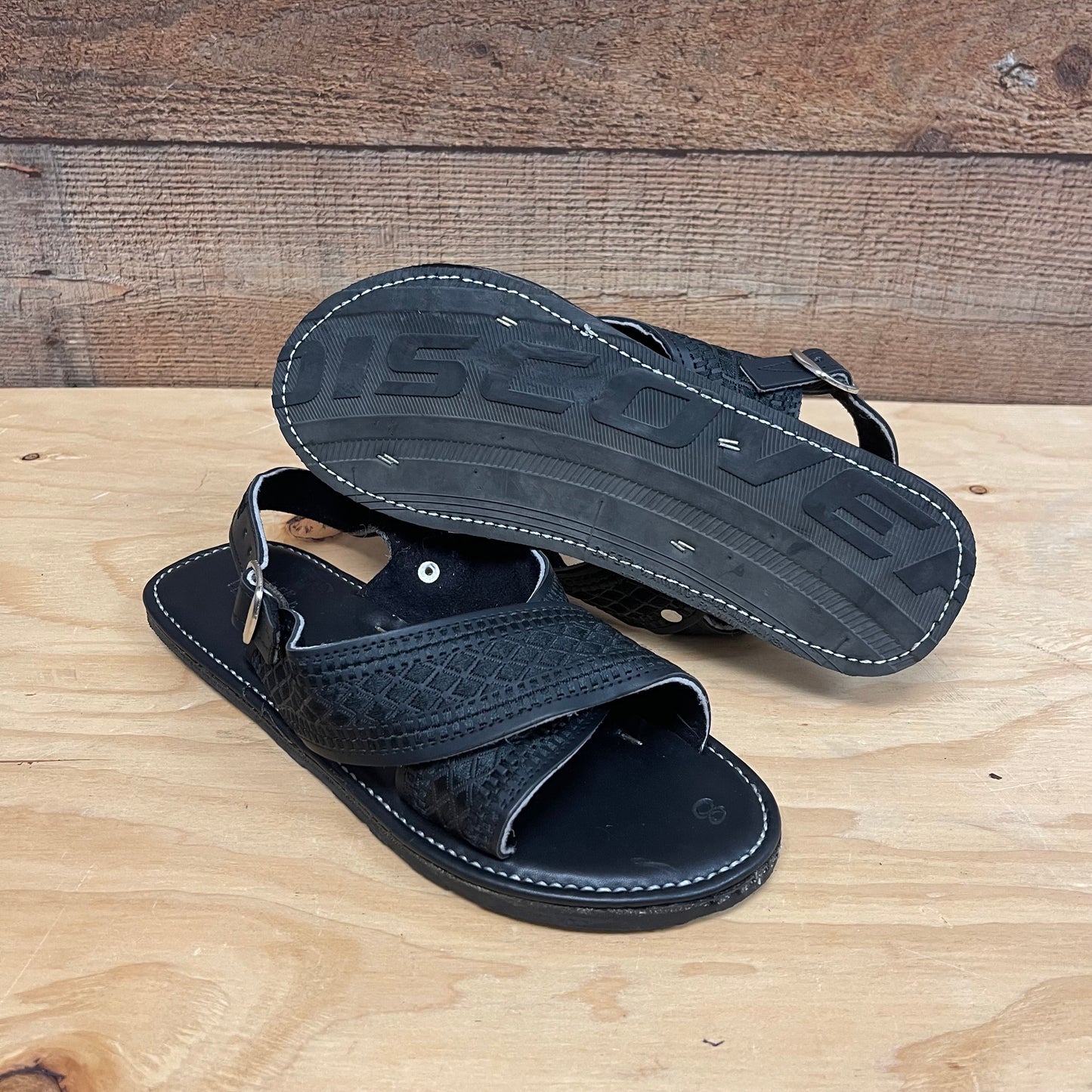Men's Mexican Leather Cushioned Sandals Black Embroidery Huarache Cruzado Acojinado Bordado Negro
