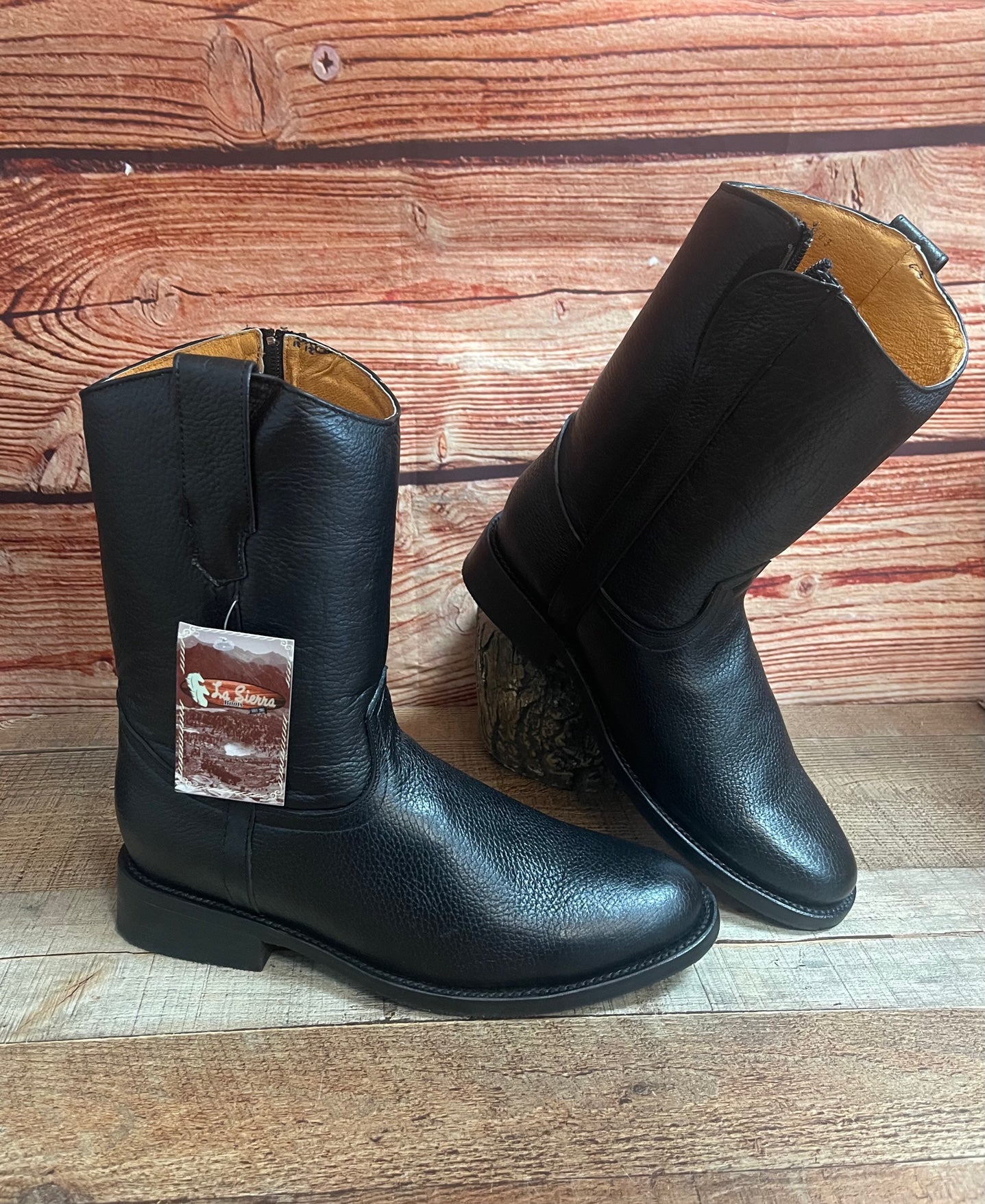 Men's Leather Cowboy Western side Zipper Black Pull on Round Toe Boots