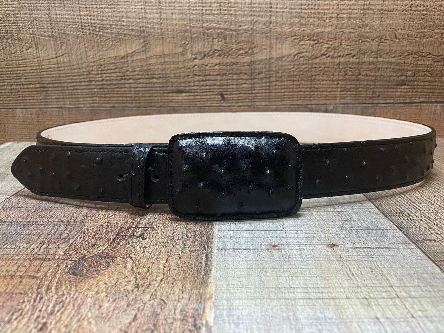 Cinturón de piel de vaca auténtica con estampado de avestruz y hebilla redonda para hombre