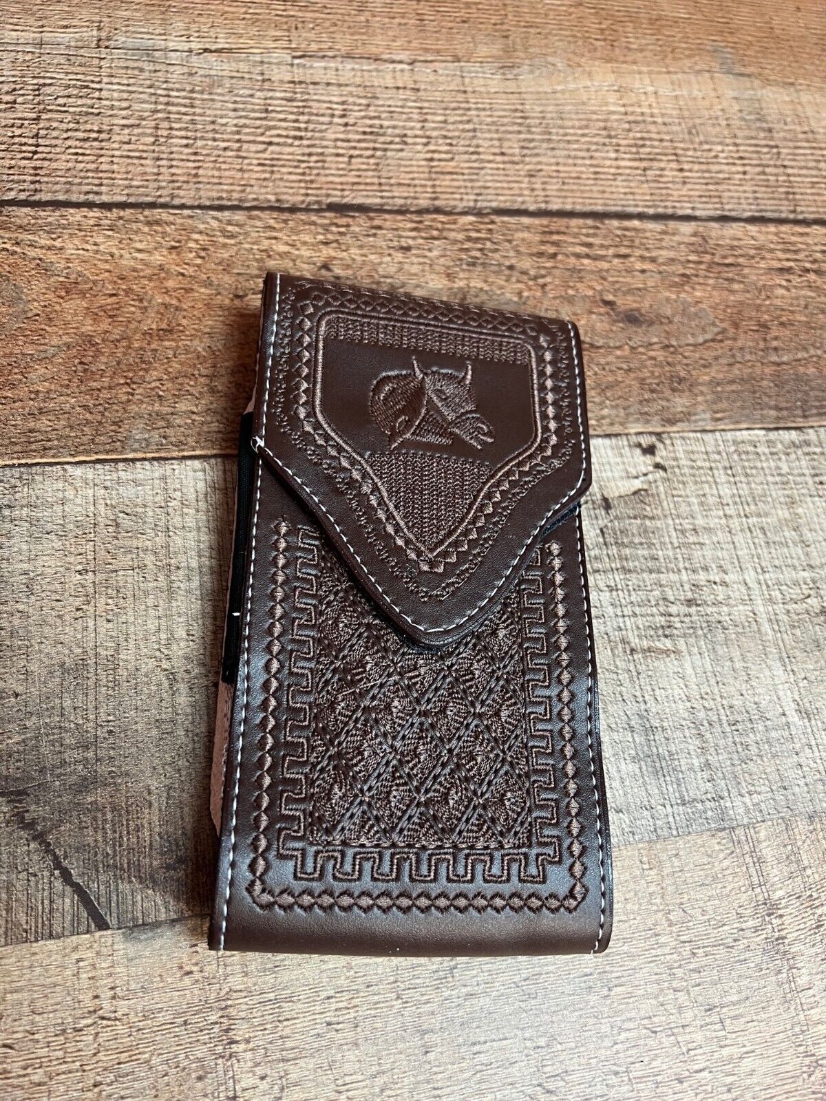 Men's Phone Case Embroidery Genuine Cow Leather