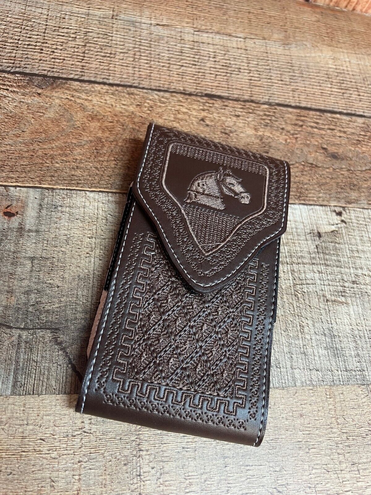 Men's Phone Case Embroidery Genuine Cow Leather