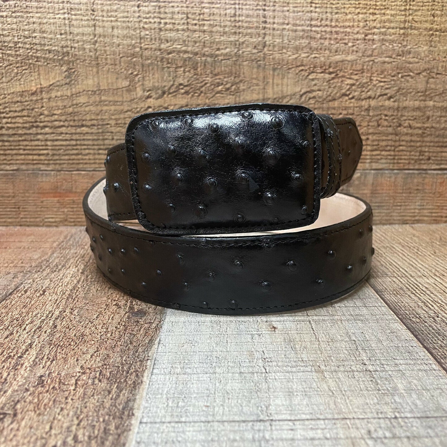 Cinturón de piel de vaca auténtica con estampado de avestruz y hebilla redonda para hombre