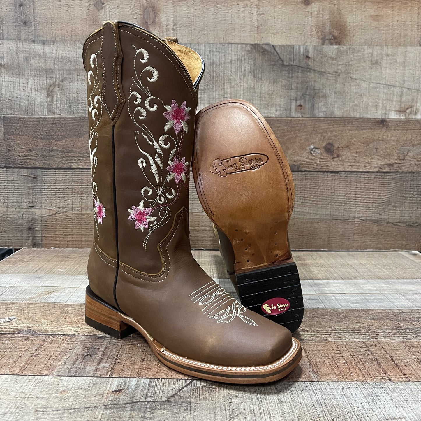 Women's Genuine Leather Cowgirl Boots Pink Flowers Est.804