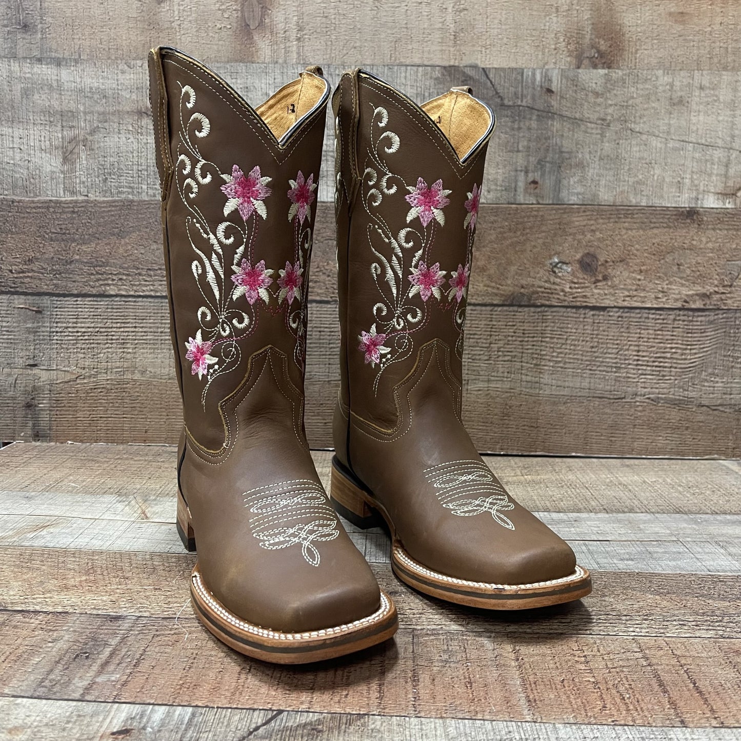 Women's Genuine Leather Cowgirl Boots Pink Flowers Est.804