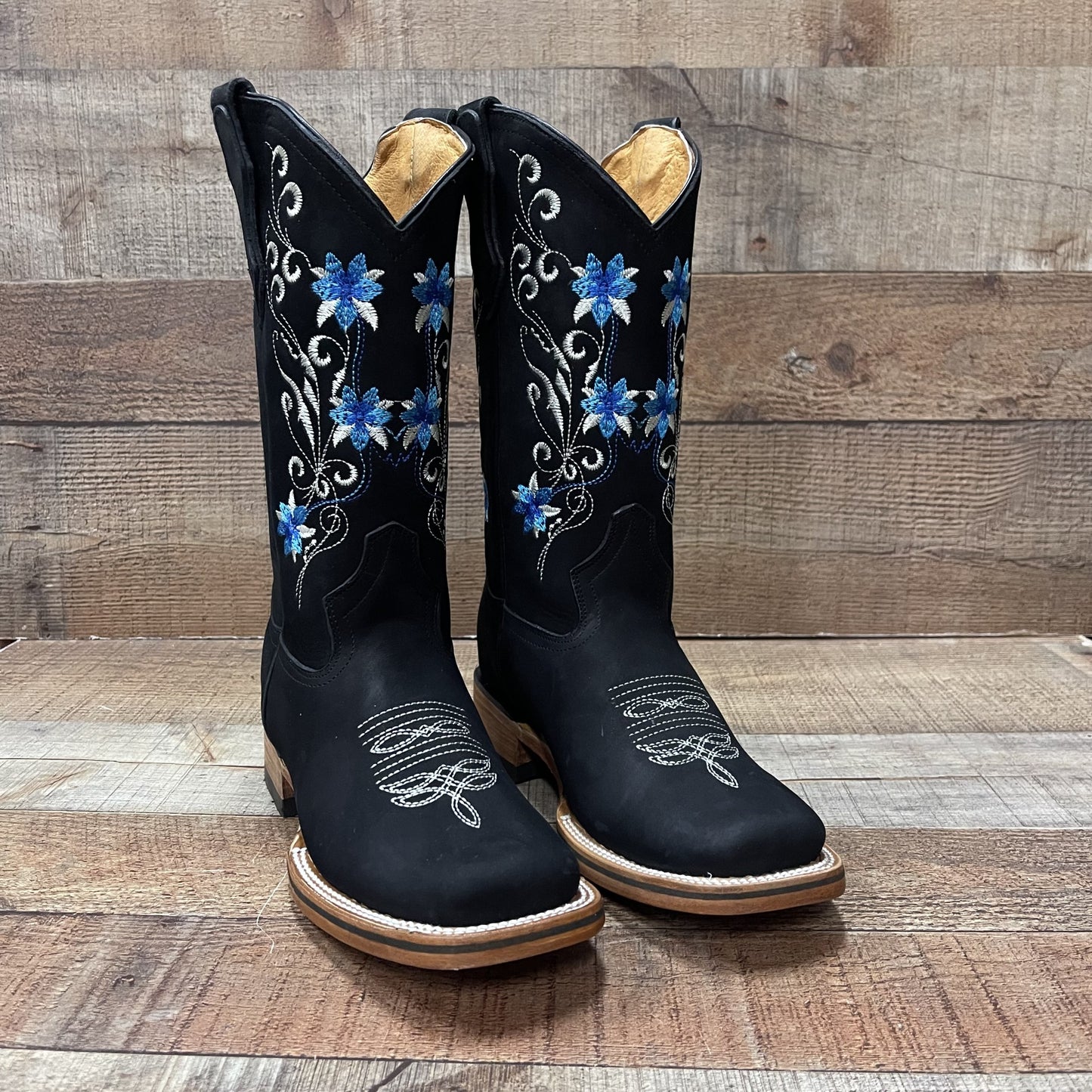 Botas vaqueras de piel auténtica para mujer Est. Sarah con flores rosas y azules
