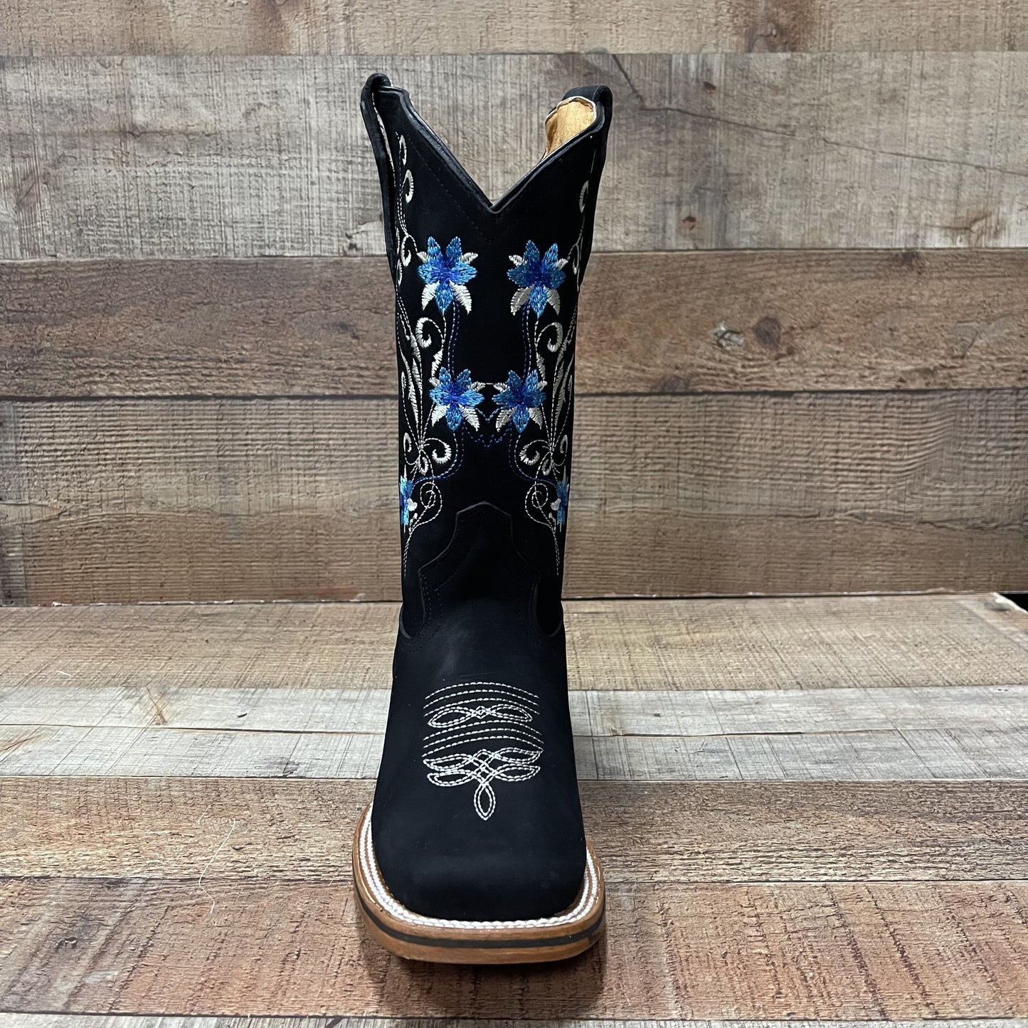 Botas vaqueras de piel auténtica para mujer Est. Sarah con flores rosas y azules