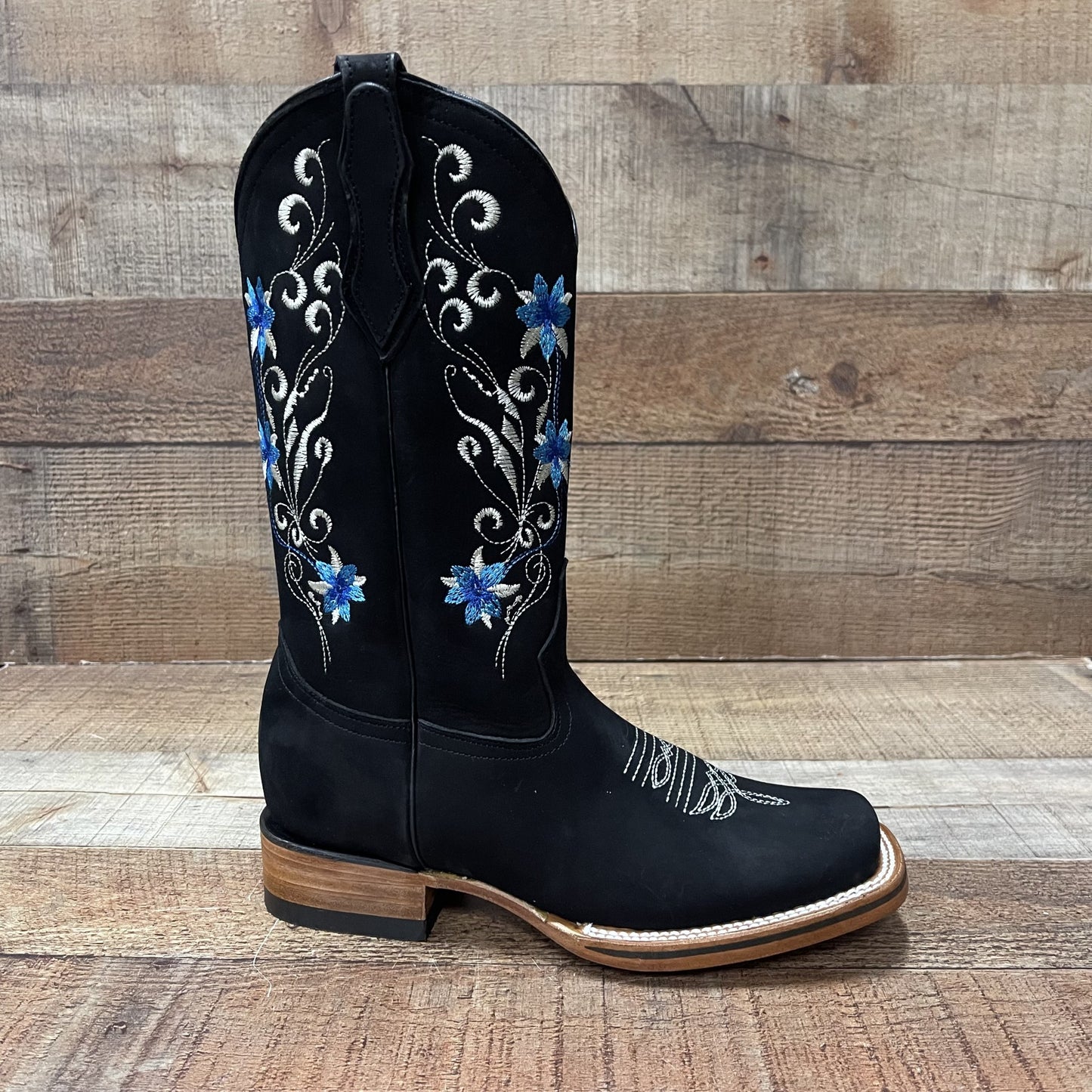 Botas vaqueras de piel auténtica para mujer Est. Sarah con flores rosas y azules
