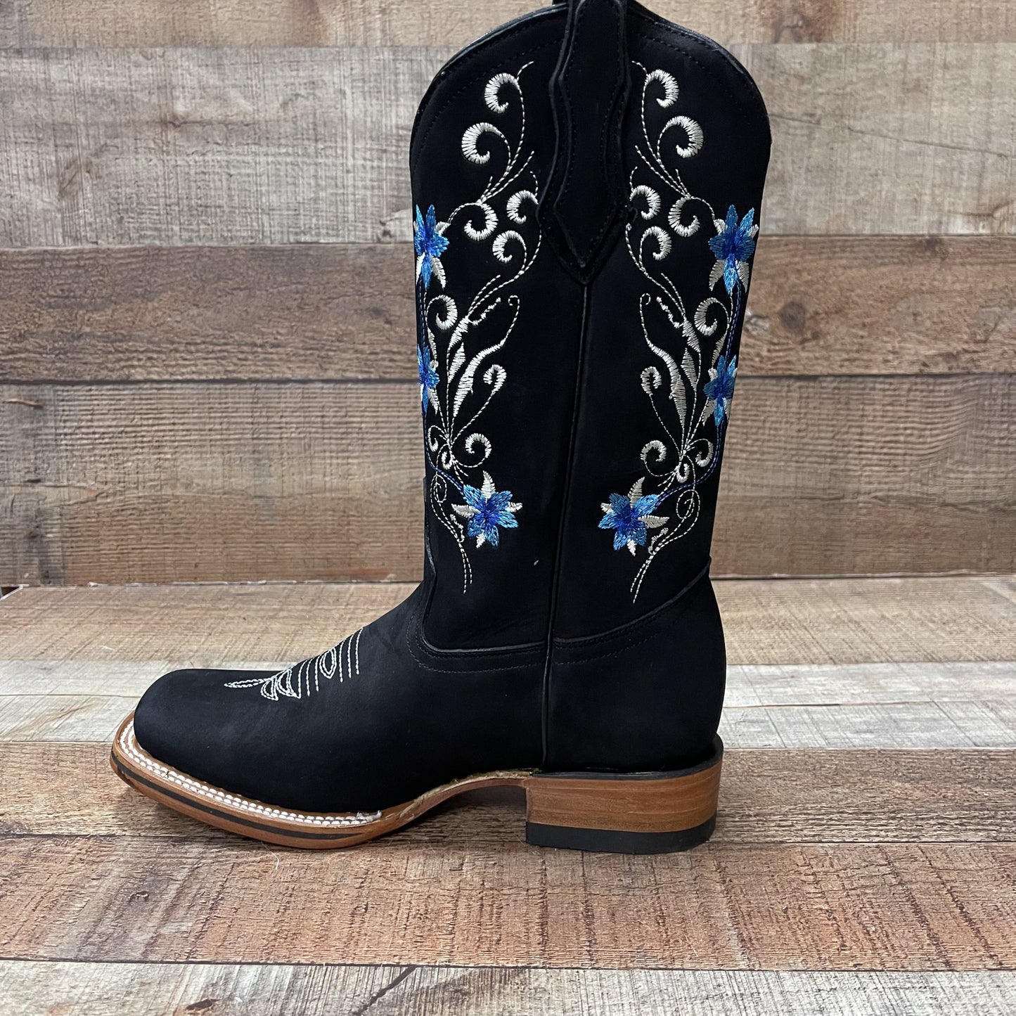 Botas vaqueras de piel auténtica para mujer Est. Sarah con flores rosas y azules
