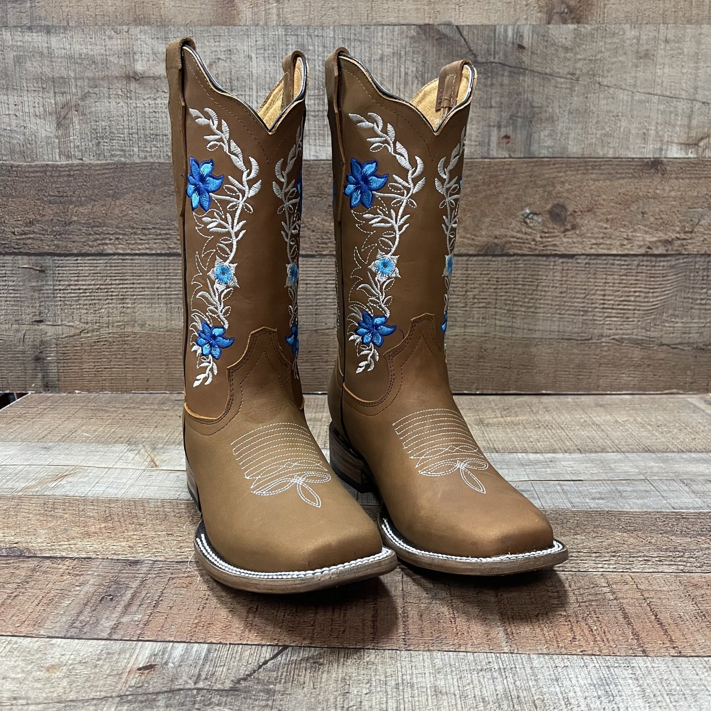 Botas vaqueras de piel auténtica para mujer Est. Sarah con flores rosas y azules