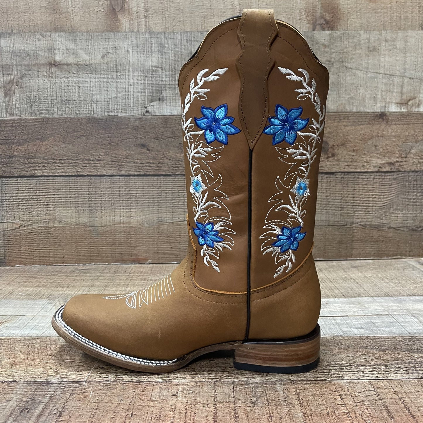 Botas vaqueras de piel auténtica para mujer Est. Sarah con flores rosas y azules