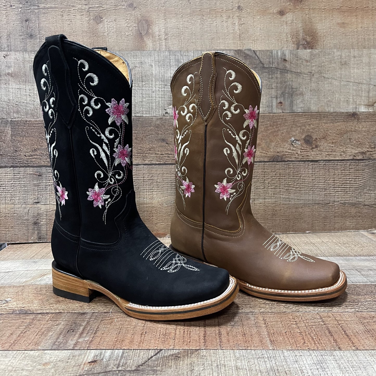 Women's Genuine Leather Cowgirl Boots Pink Flowers Est.804