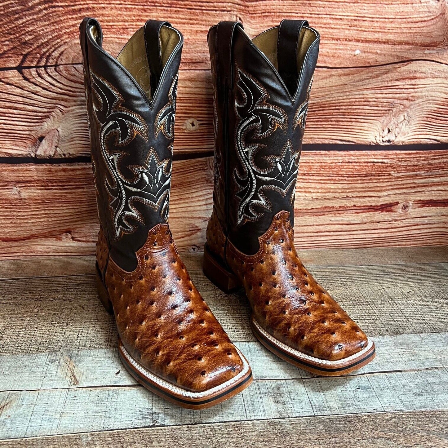 Botas vaqueras de piel con estampado de avestruz estilo western para hombre con punta cuadrada, 380 quilates, Texana Avestruz
