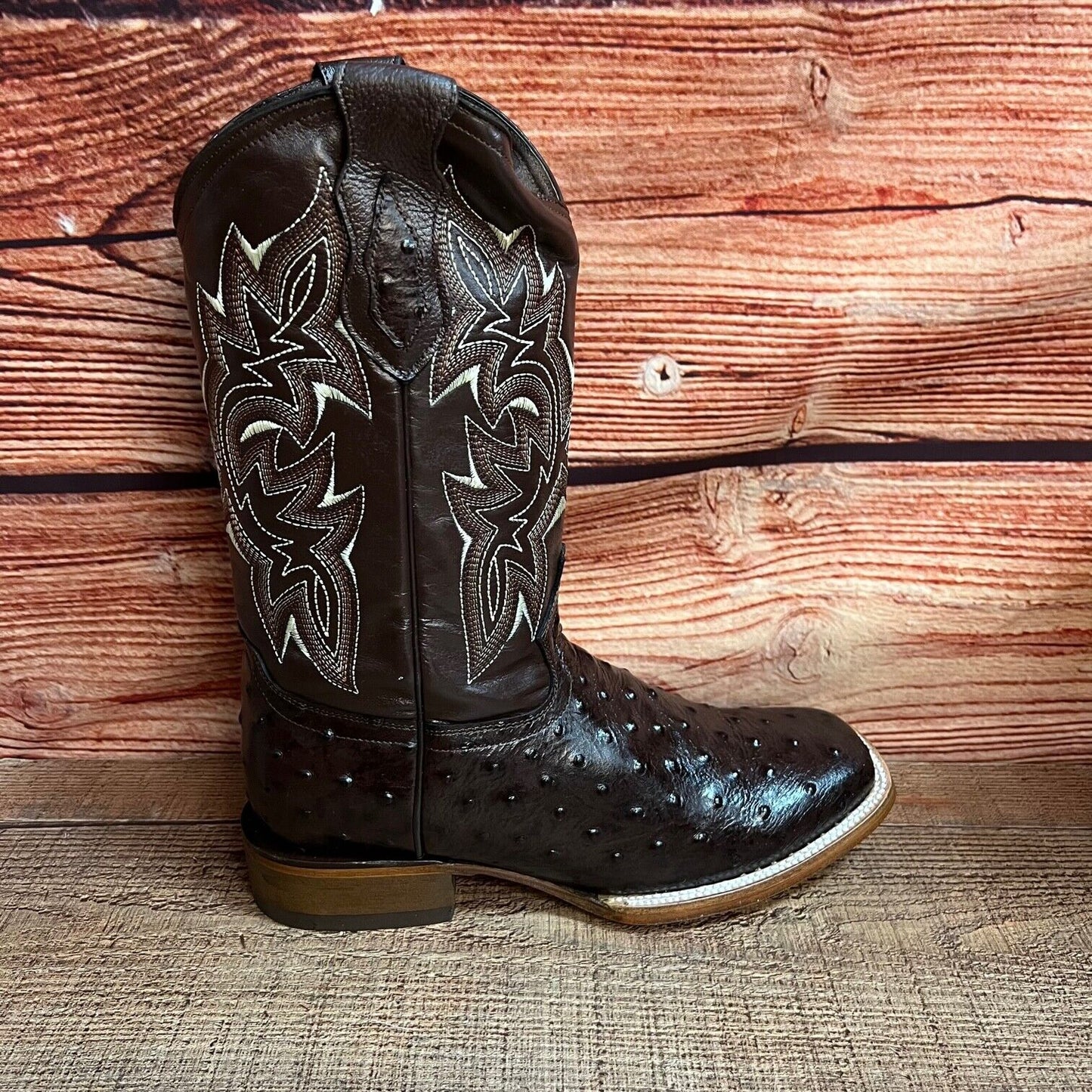 Men Western Ostrich Print Leather Cowboy Square Toe Boots Est.380 Texana Avestruz