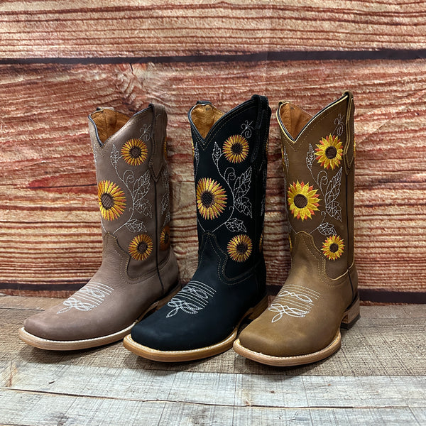 Women's Western Rodeo Square Toe Sunflower Embroidery Leather