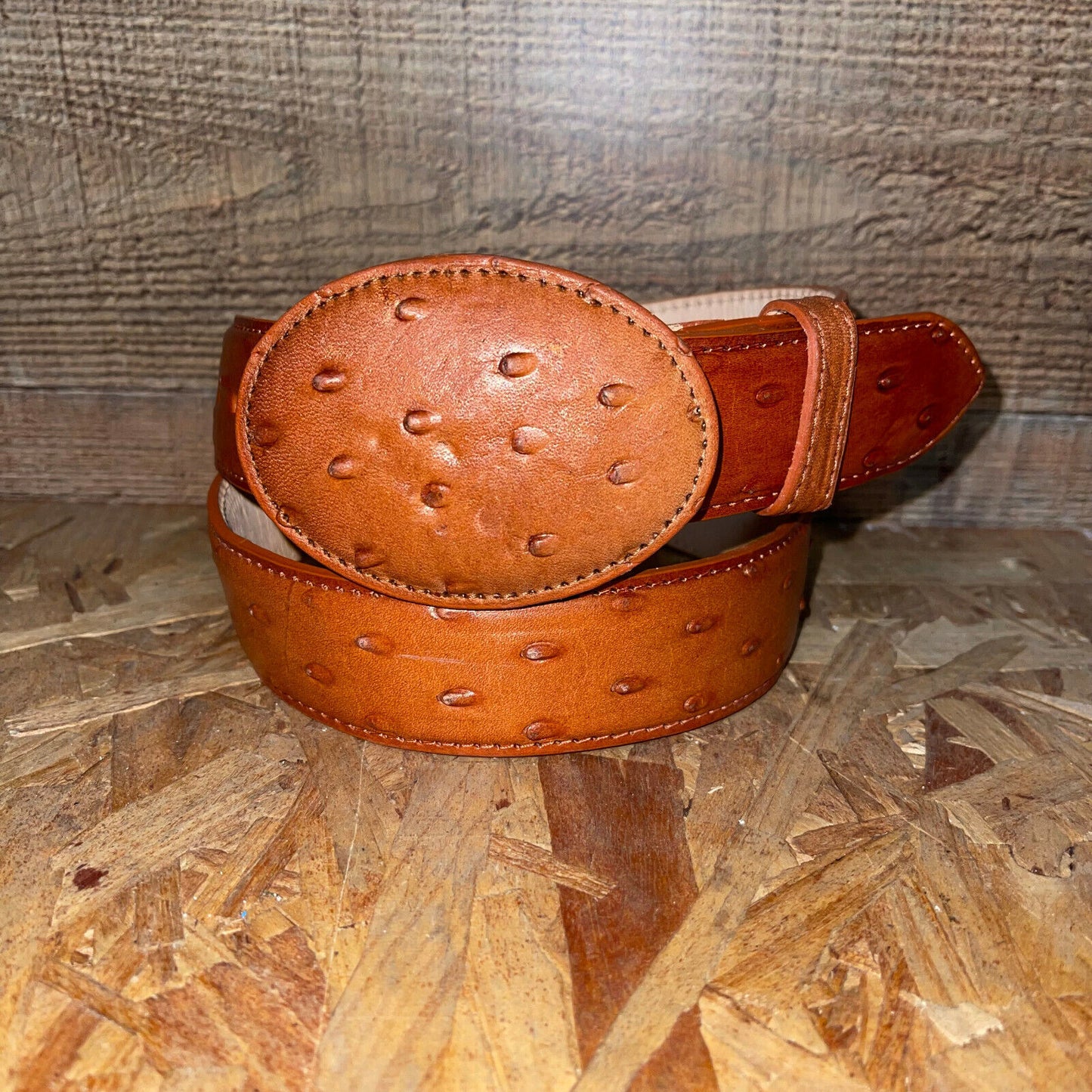Men's Western Cowboy Genuine Cow Leather Ostrich Print Belt Round Buckle Cinto Avestruz Hebilla Redonda