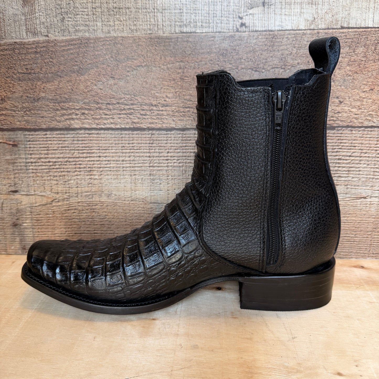 Men's Western Cowboy Side Zipper Genuine Leather with Cayman Print Dubai Toe short Boots Est.265 Cayman Cierre Horma Dubai