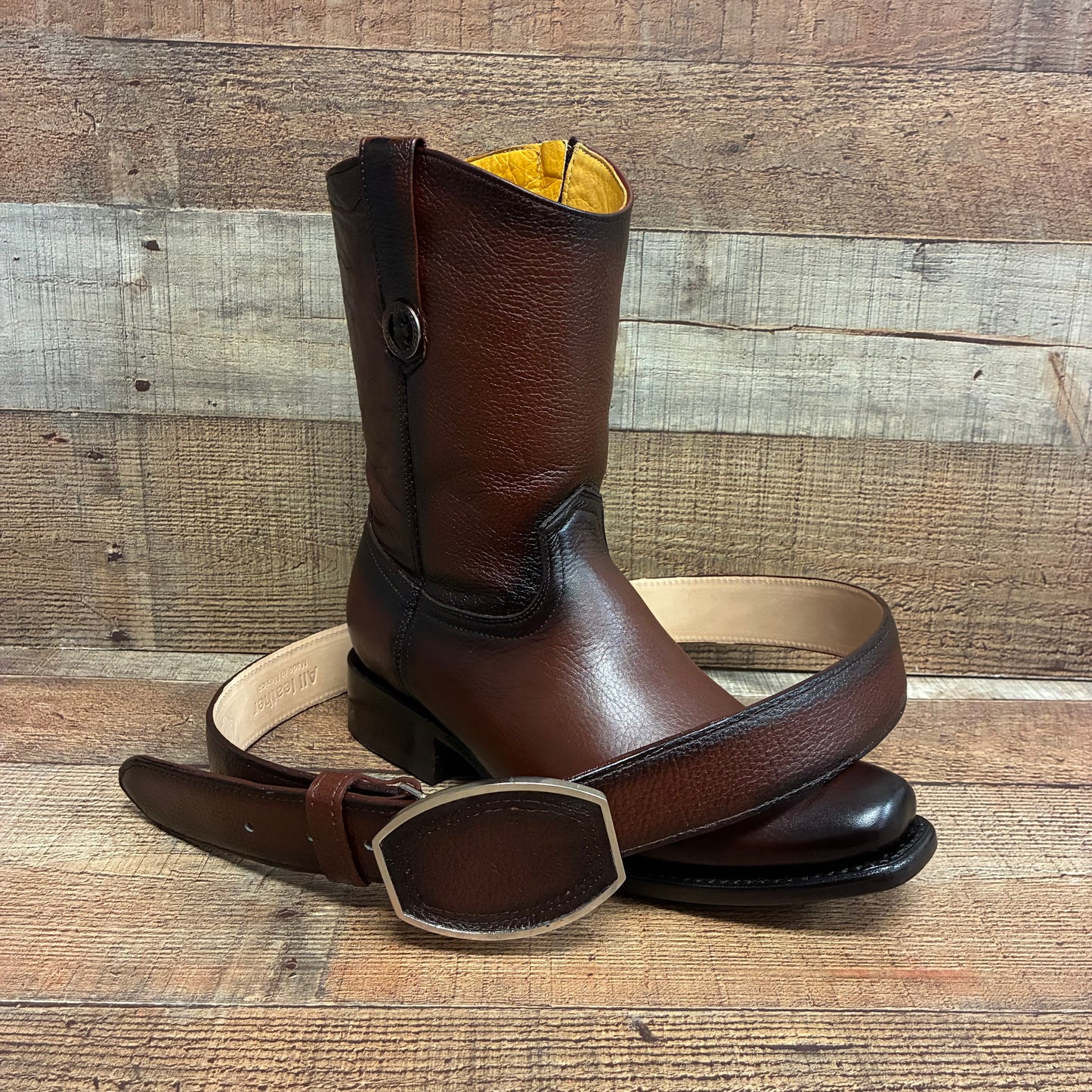 Men's Cowboy Set: Wester Zipper Genuine American Deer Leather Boots Dubai Toe Est. 264 Brandy with Belt