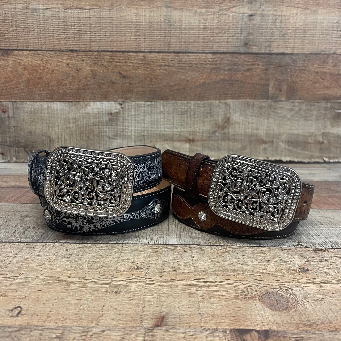 Women's Western Cowgirl Genuine Leather Belt Square Buckle with Rhinestones Chiseled Floral Laser
