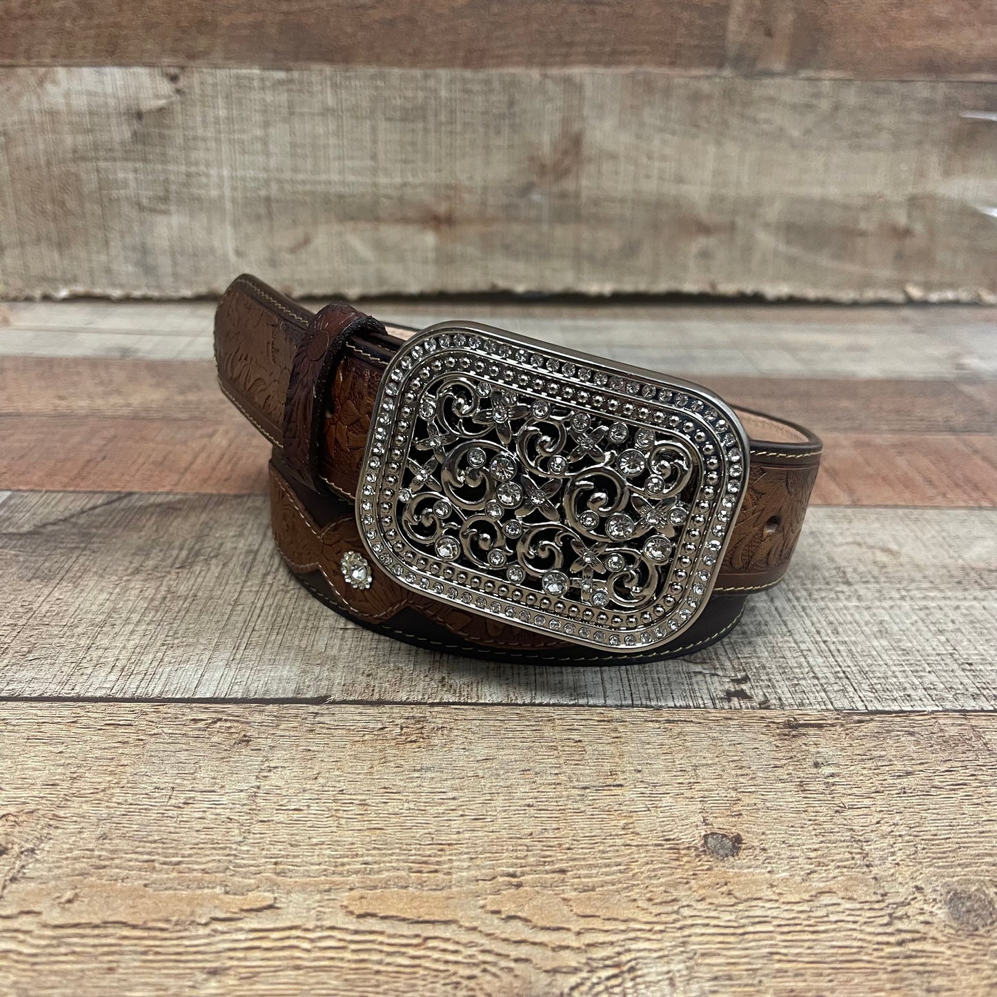Women's Western Cowgirl Genuine Leather Belt Square Buckle with Rhinestones Chiseled Floral Laser