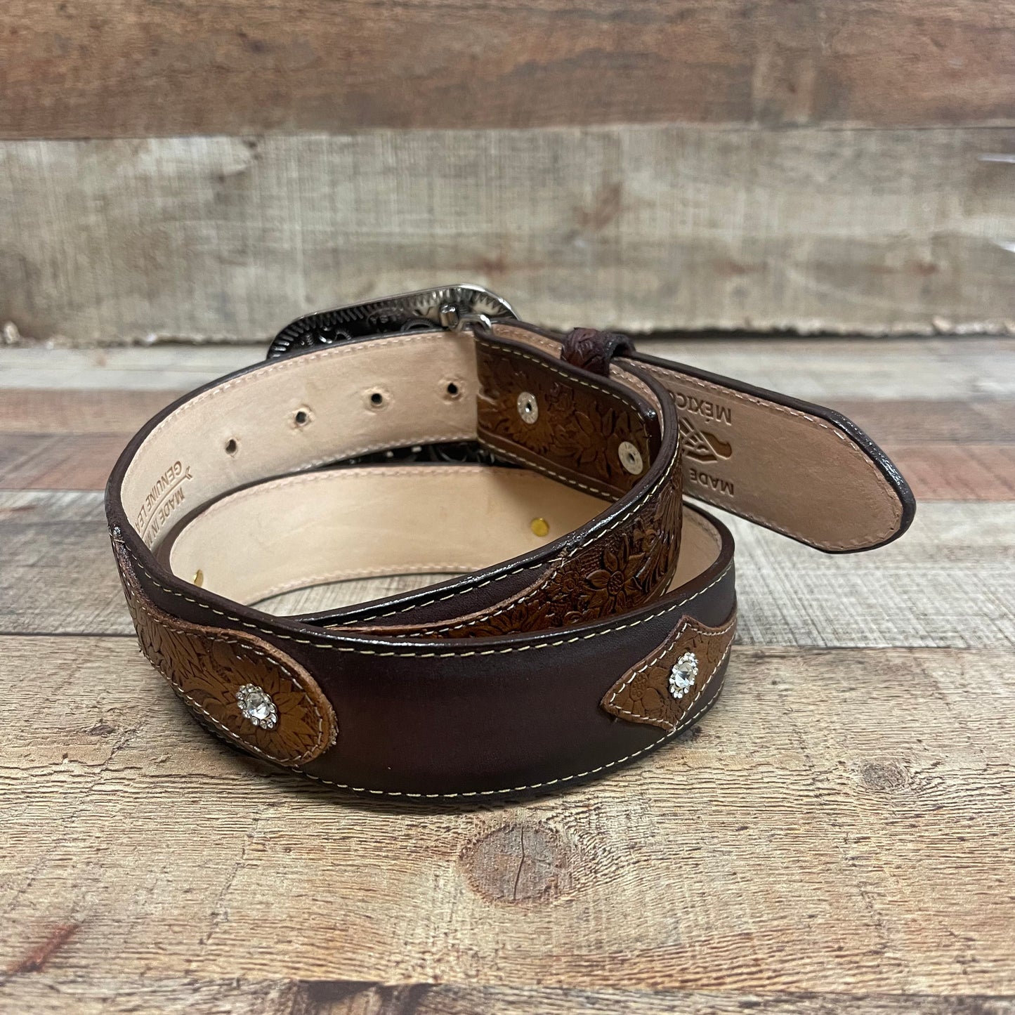 Women's Western Cowgirl Genuine Leather Belt Square Buckle with Rhinestones Chiseled Floral Laser