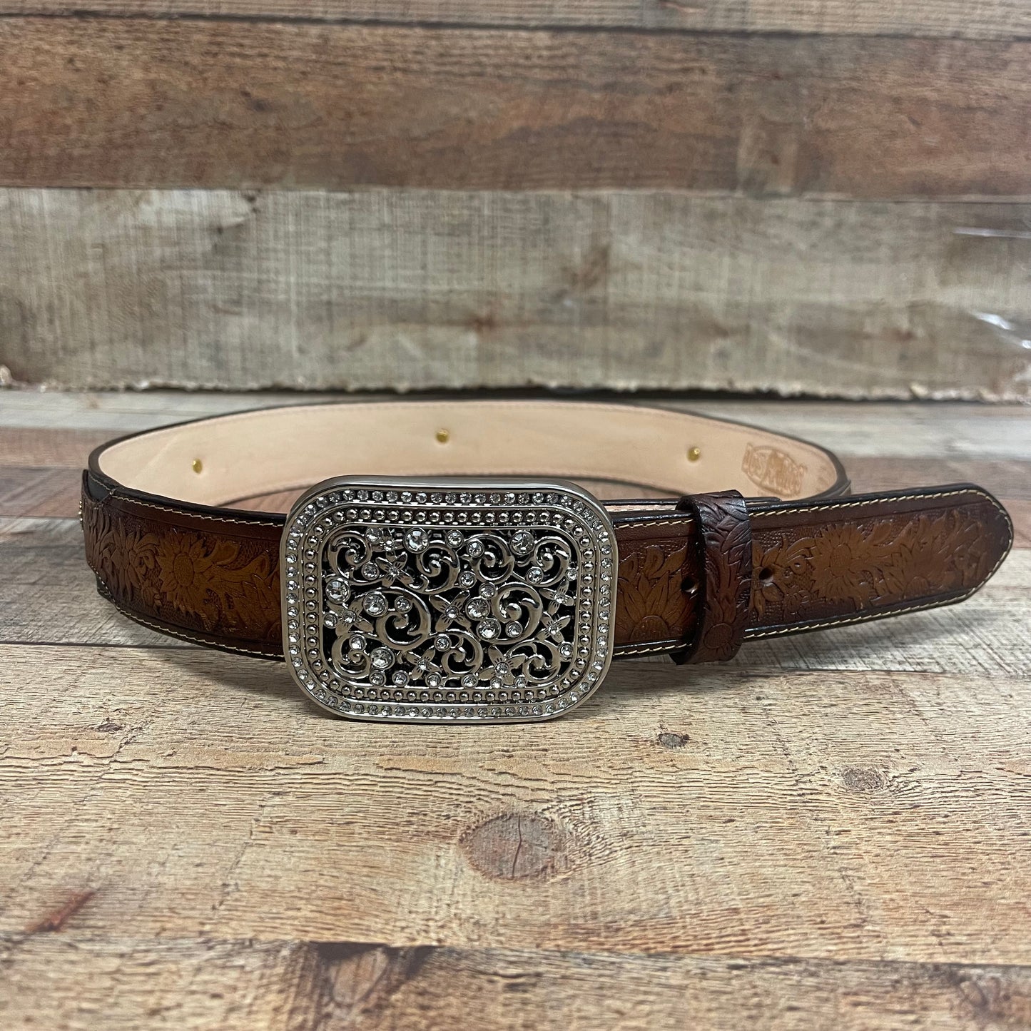 Women's Western Cowgirl Genuine Leather Belt Square Buckle with Rhinestones Chiseled Floral Laser