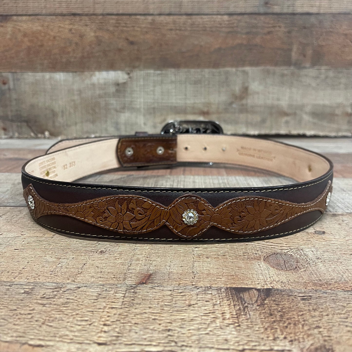 Women's Western Cowgirl Genuine Leather Belt Square Buckle with Rhinestones Chiseled Floral Laser