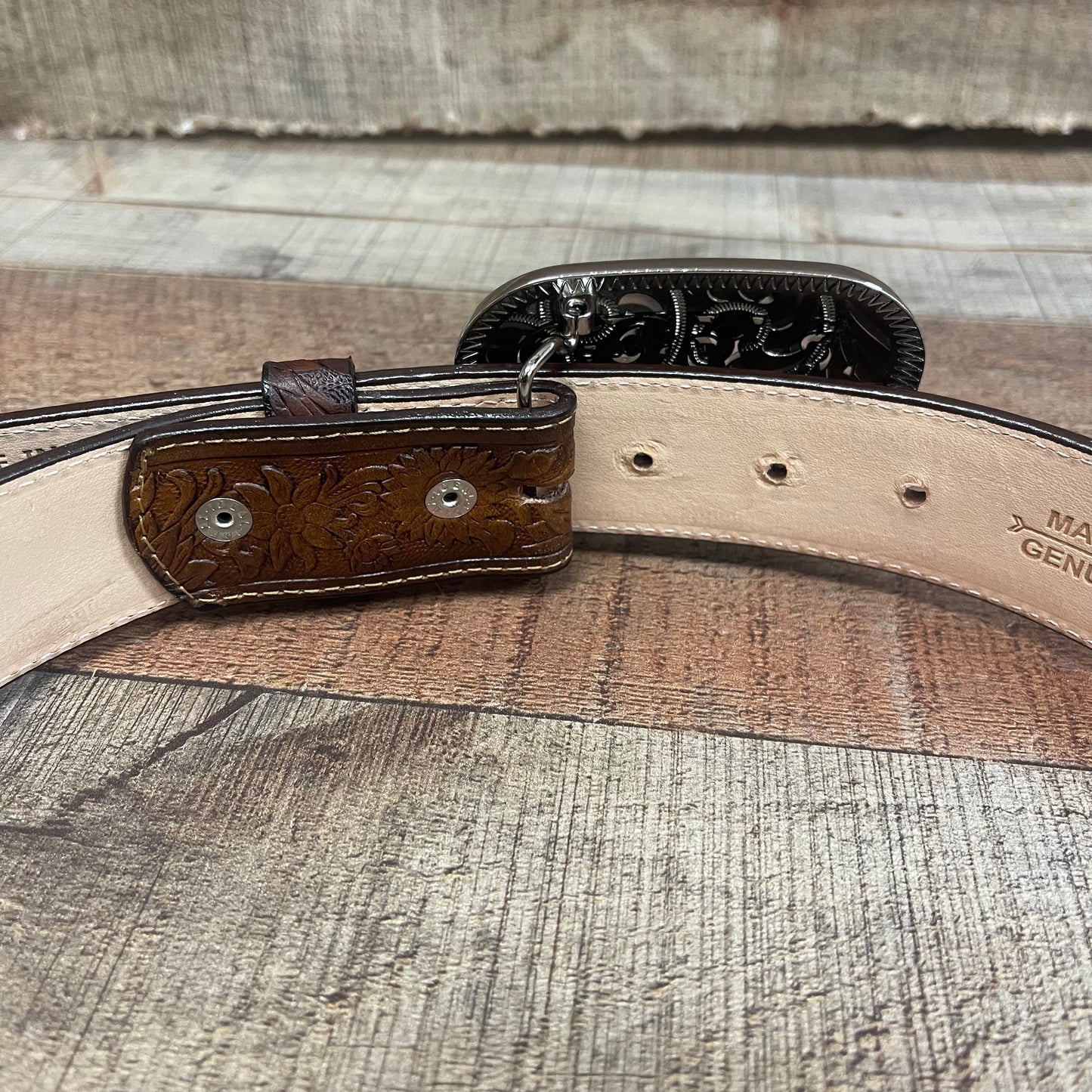 Women's Western Cowgirl Genuine Leather Belt Square Buckle with Rhinestones Chiseled Floral Laser