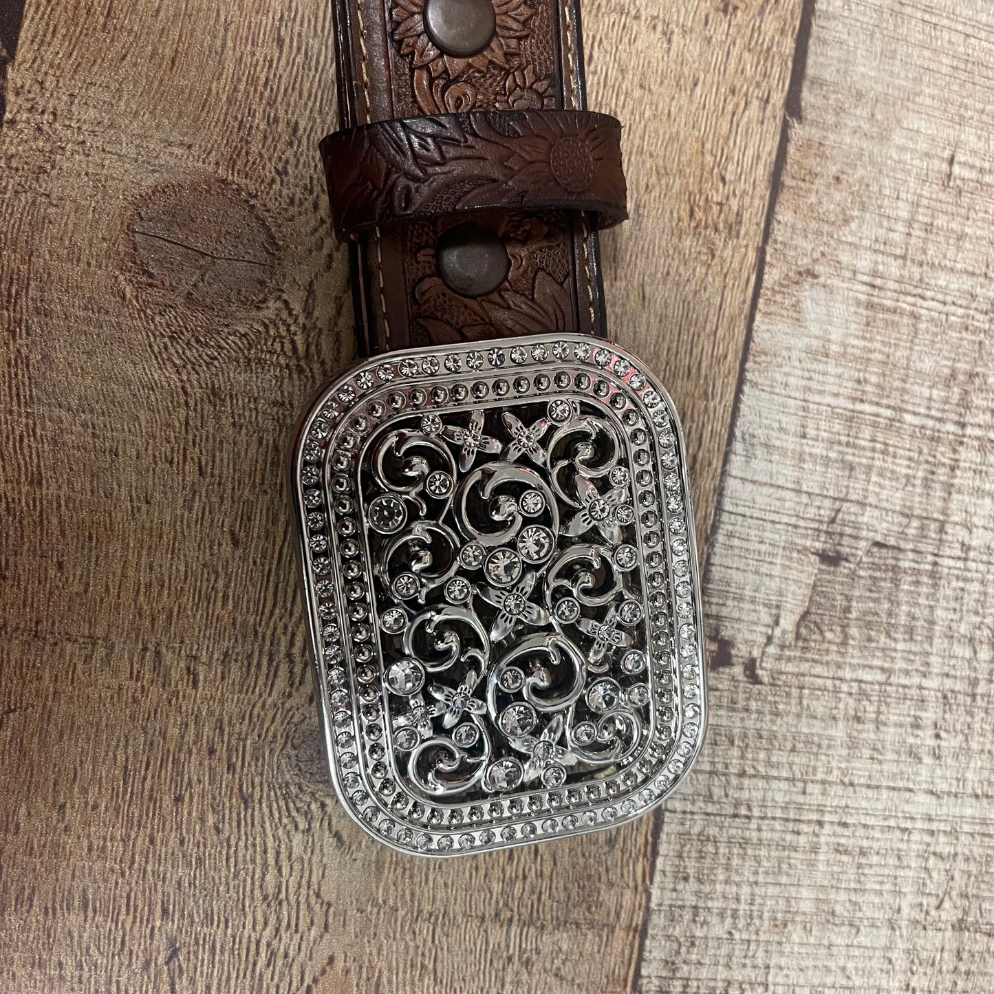 Women's Western Cowgirl Genuine Leather Belt Square Buckle with Rhinestones Chiseled Floral Laser