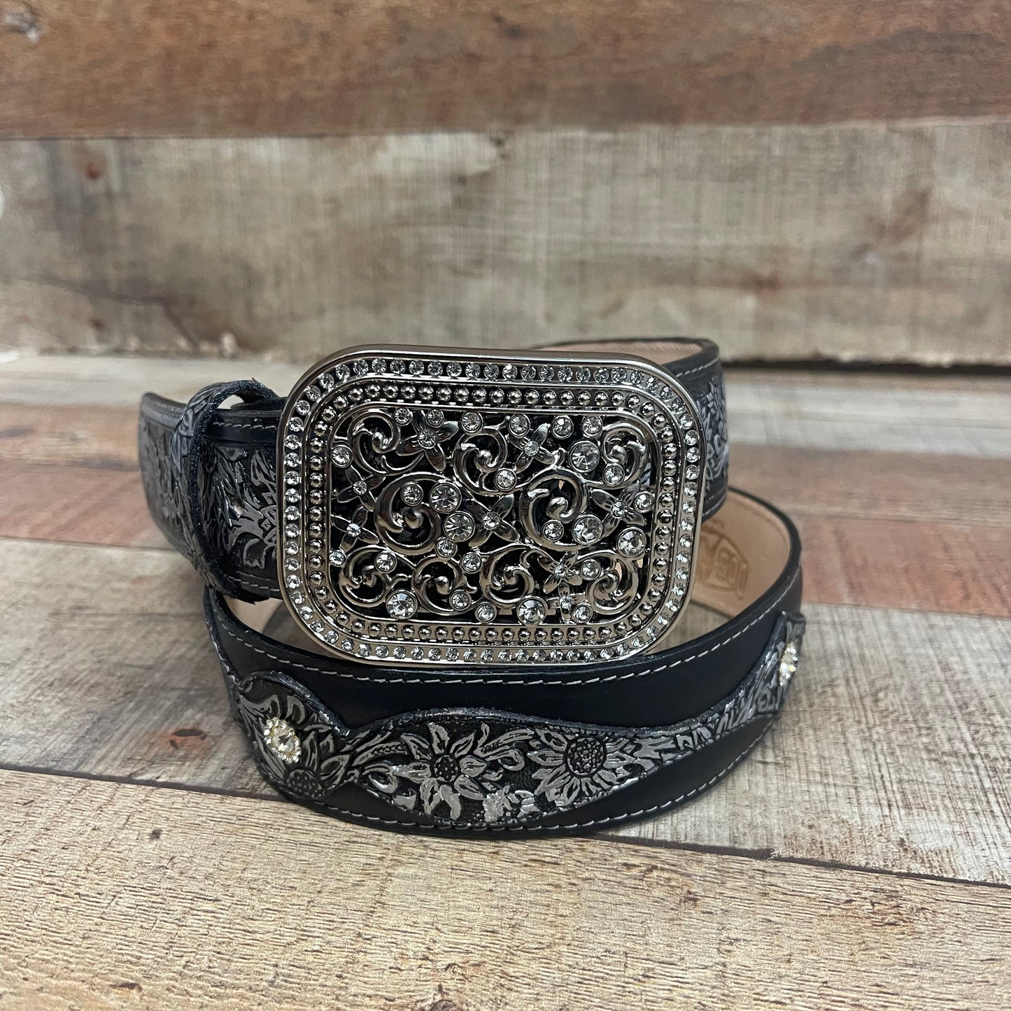 Women's Western Cowgirl Genuine Leather Belt Square Buckle with Rhinestones Chiseled Floral Laser