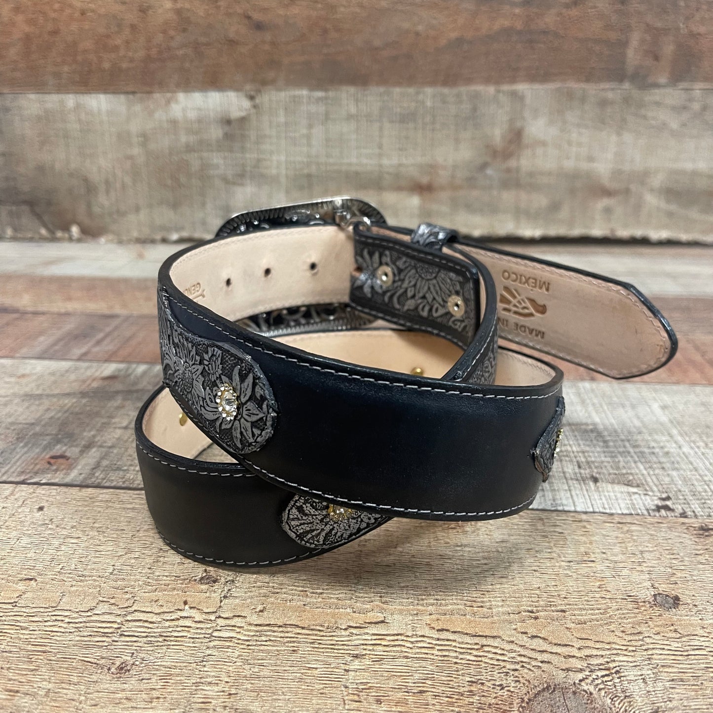 Women's Western Cowgirl Genuine Leather Belt Square Buckle with Rhinestones Chiseled Floral Laser