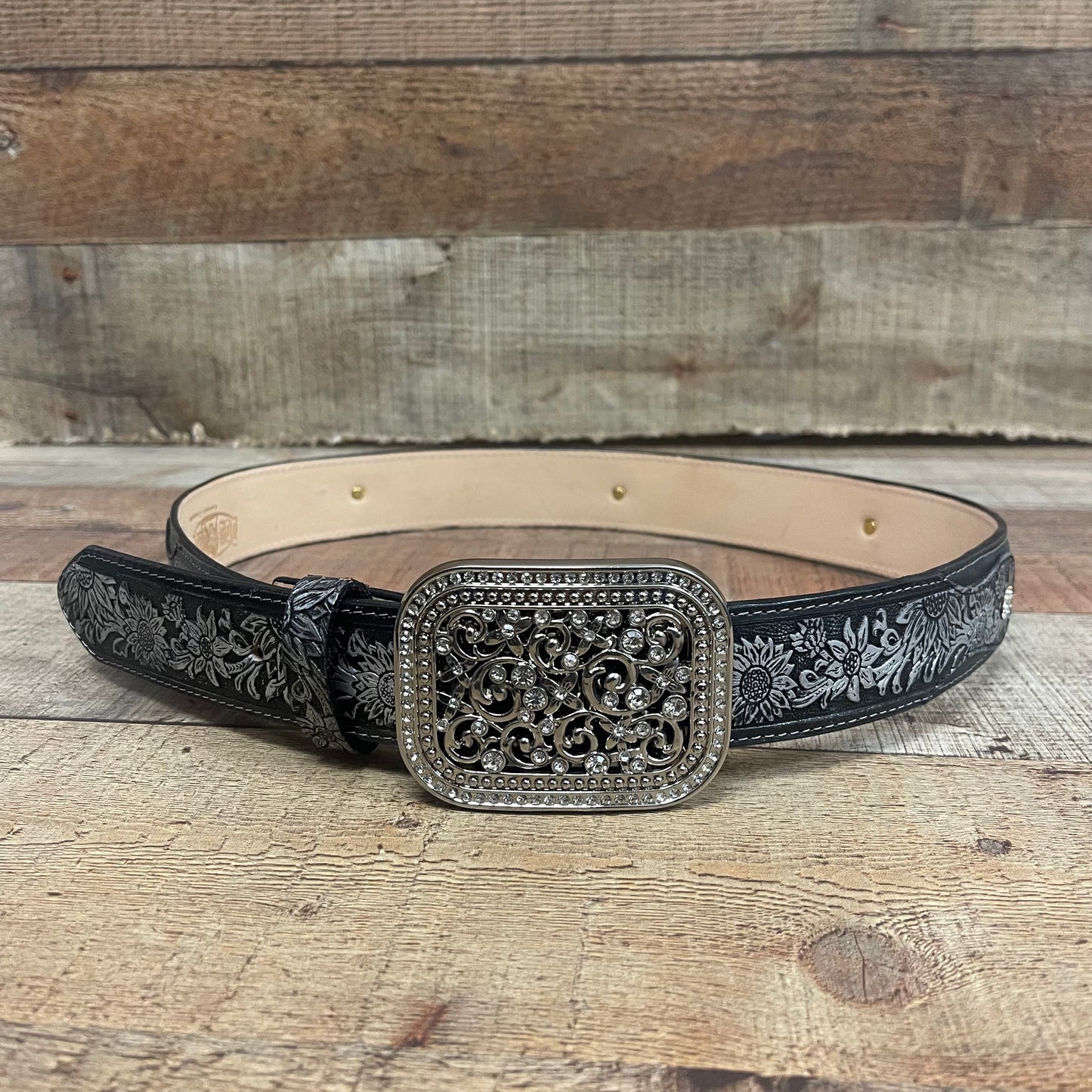 Women's Western Cowgirl Genuine Leather Belt Square Buckle with Rhinestones Chiseled Floral Laser