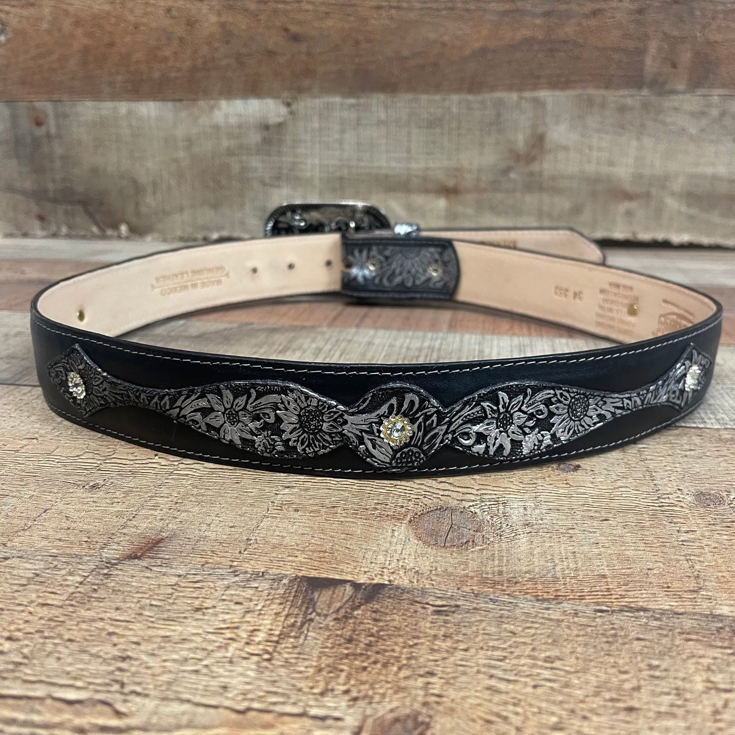 Women's Western Cowgirl Genuine Leather Belt Square Buckle with Rhinestones Chiseled Floral Laser