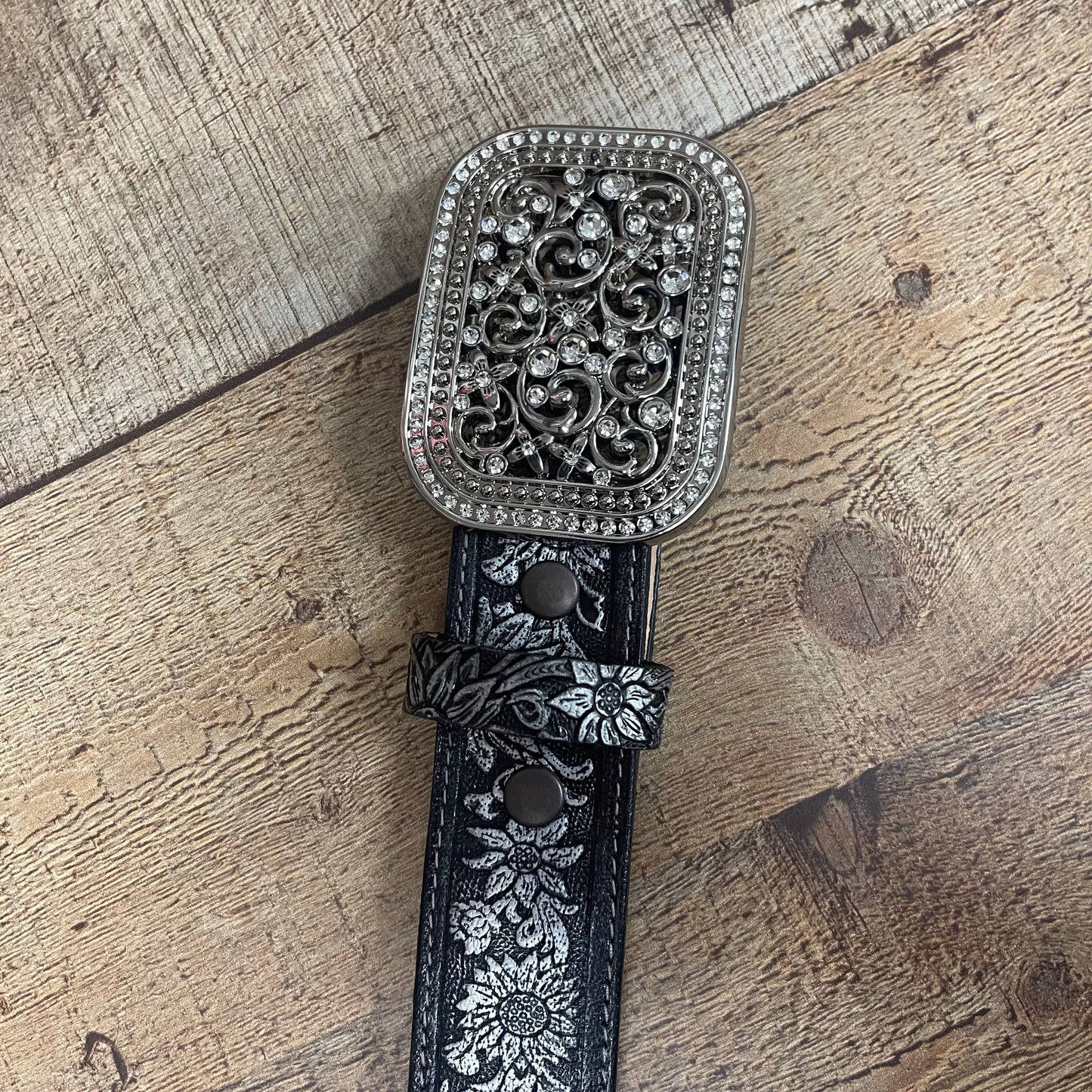 Women's Western Cowgirl Genuine Leather Belt Square Buckle with Rhinestones Chiseled Floral Laser