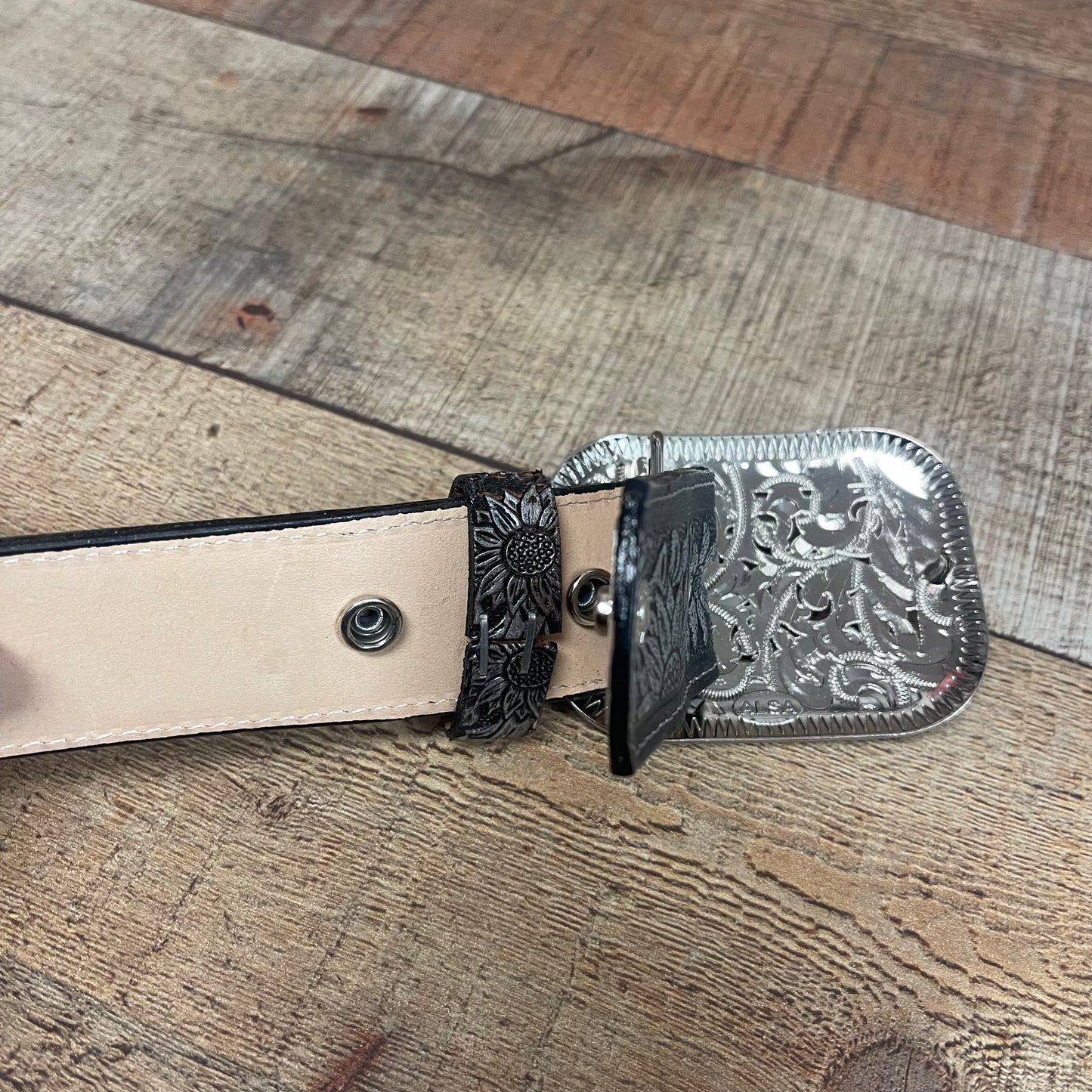 Women's Western Cowgirl Genuine Leather Belt Square Buckle with Rhinestones Chiseled Floral Laser