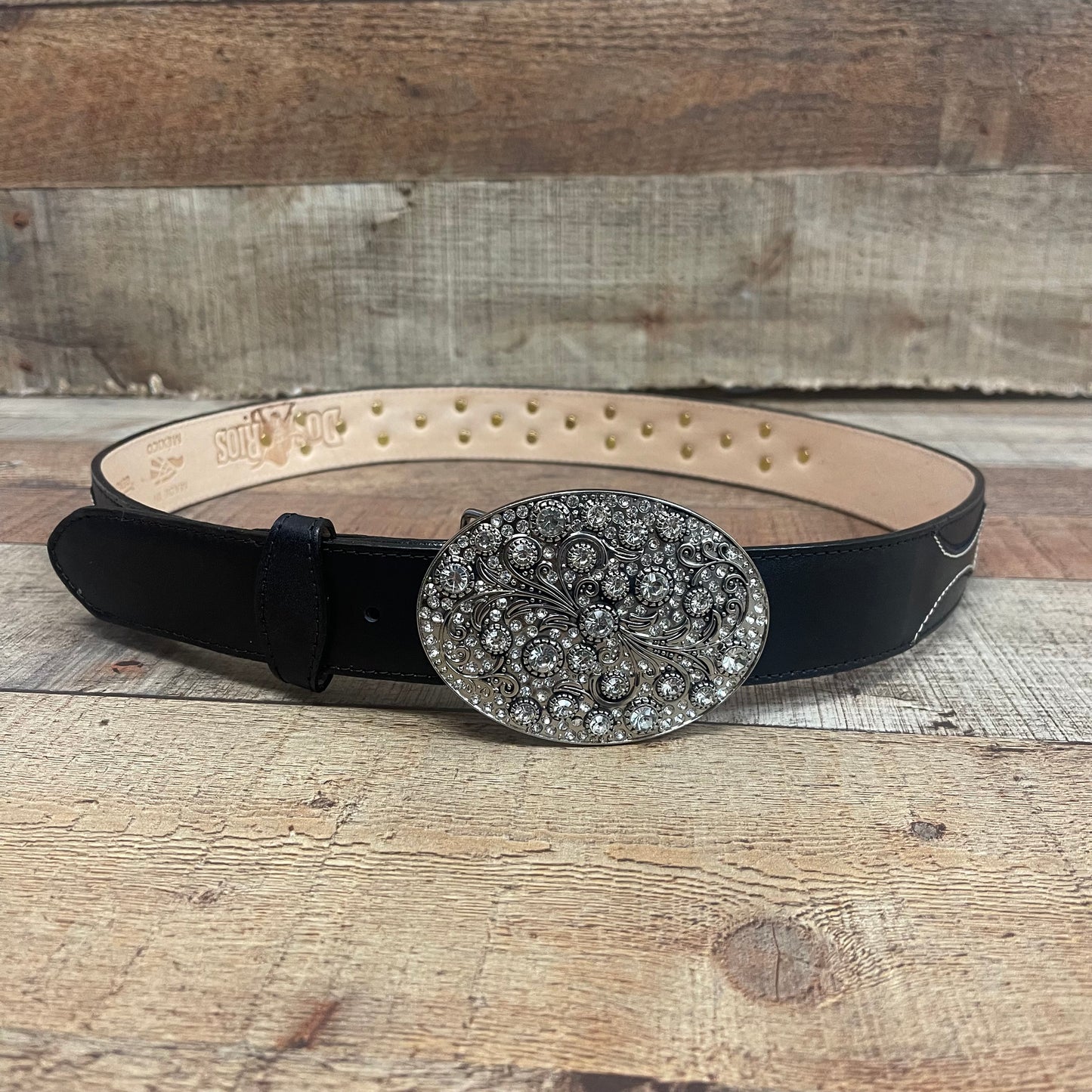 Women's Western Cowgirl Genuine Leather Belt Round Buckle with Rhinestones Design