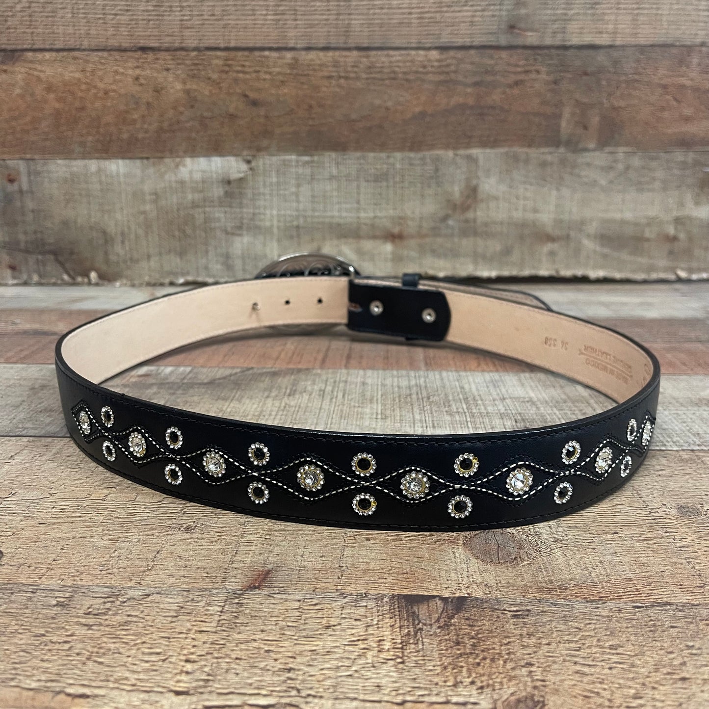Women's Western Cowgirl Genuine Leather Belt Round Buckle with Rhinestones Design