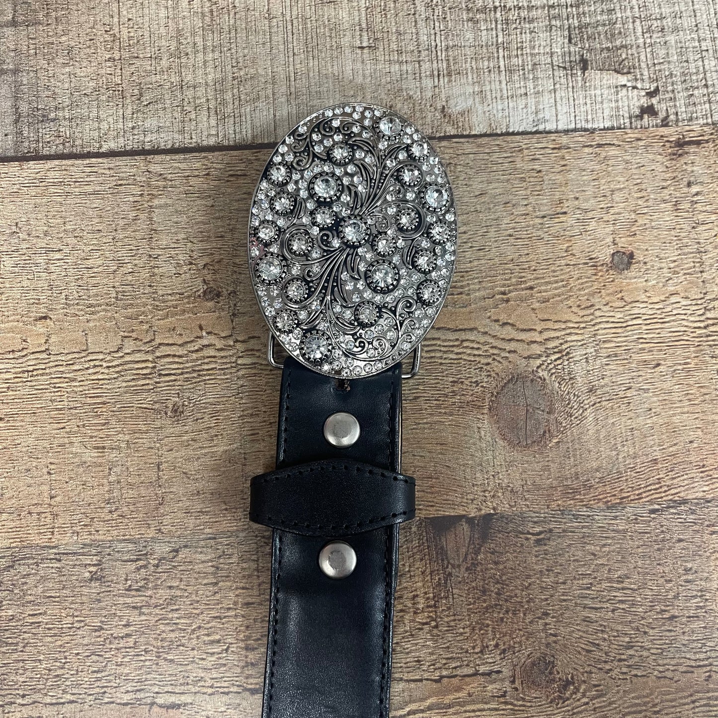 Women's Western Cowgirl Genuine Leather Belt Round Buckle with Rhinestones Design
