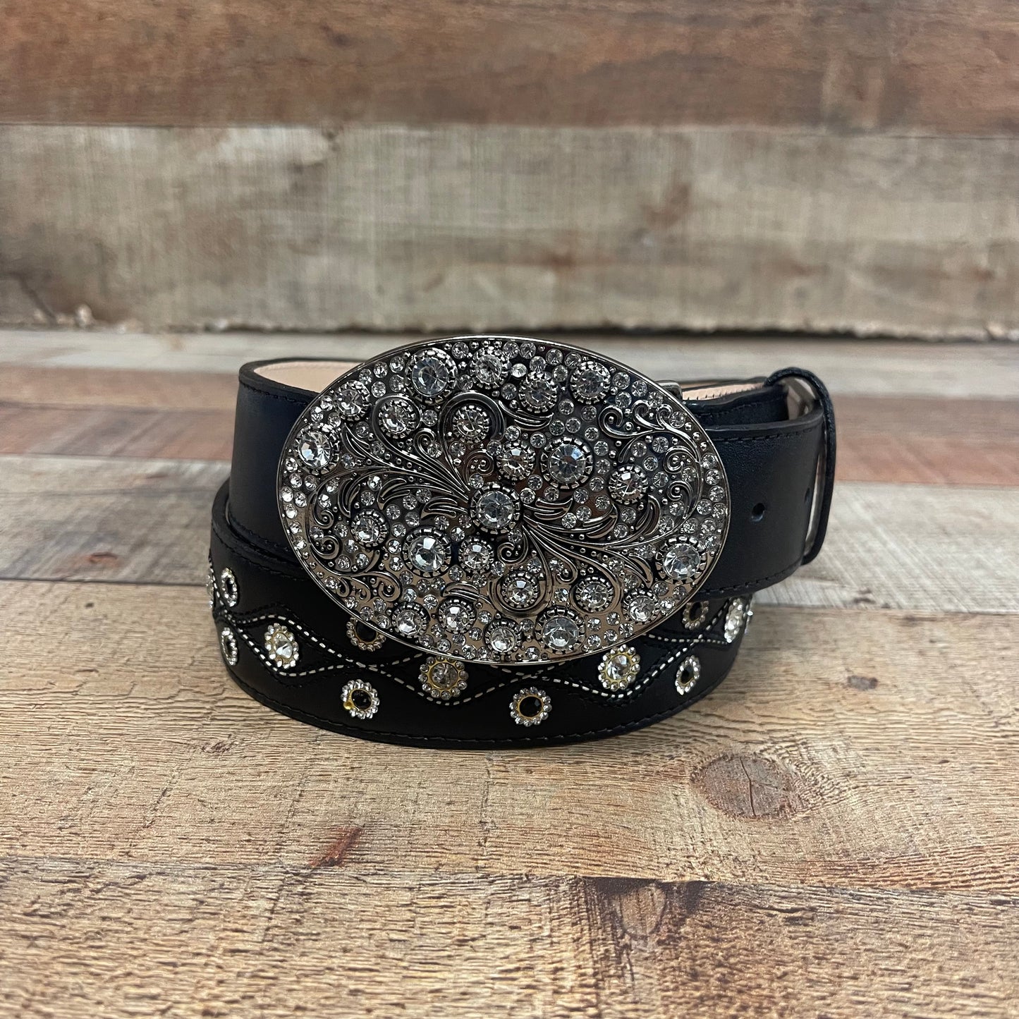 Women's Western Cowgirl Genuine Leather Belt Round Buckle with Rhinestones Design