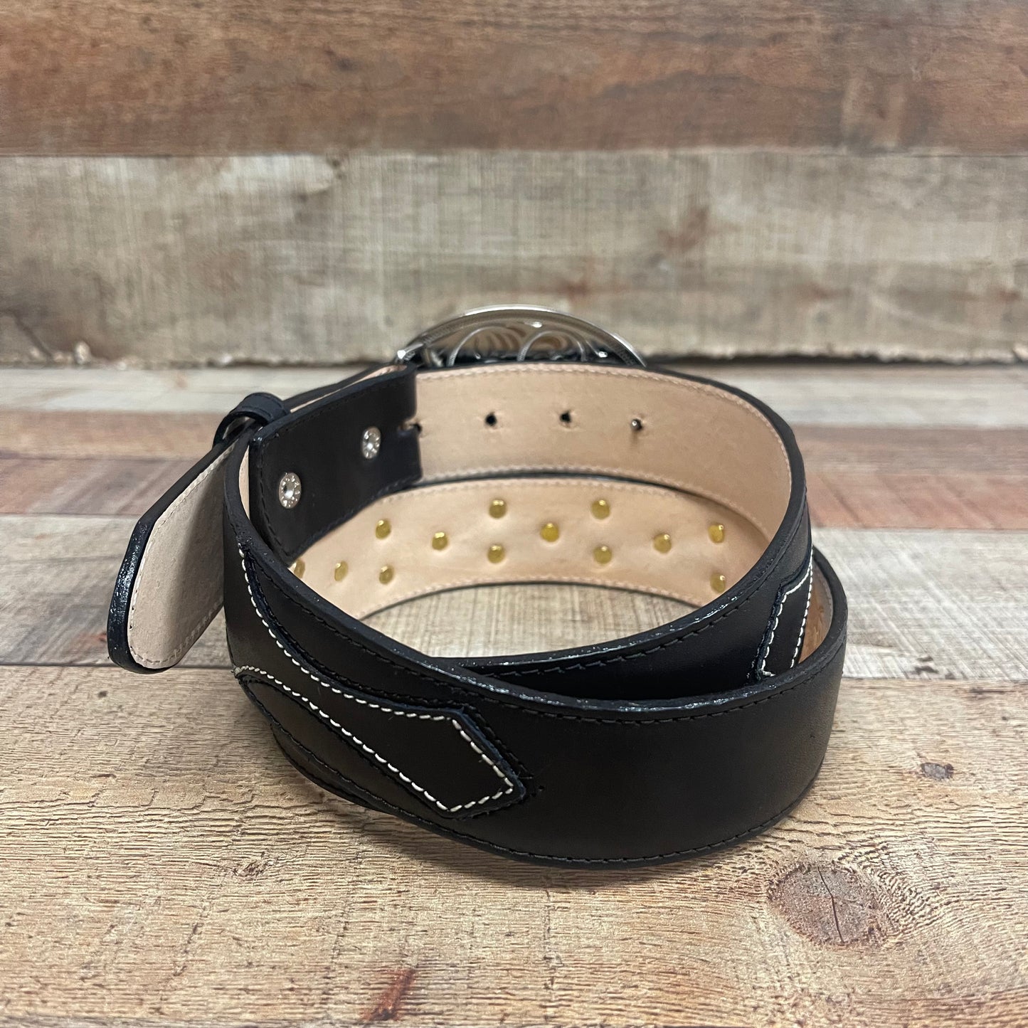 Women's Western Cowgirl Genuine Leather Belt Round Buckle with Rhinestones Design