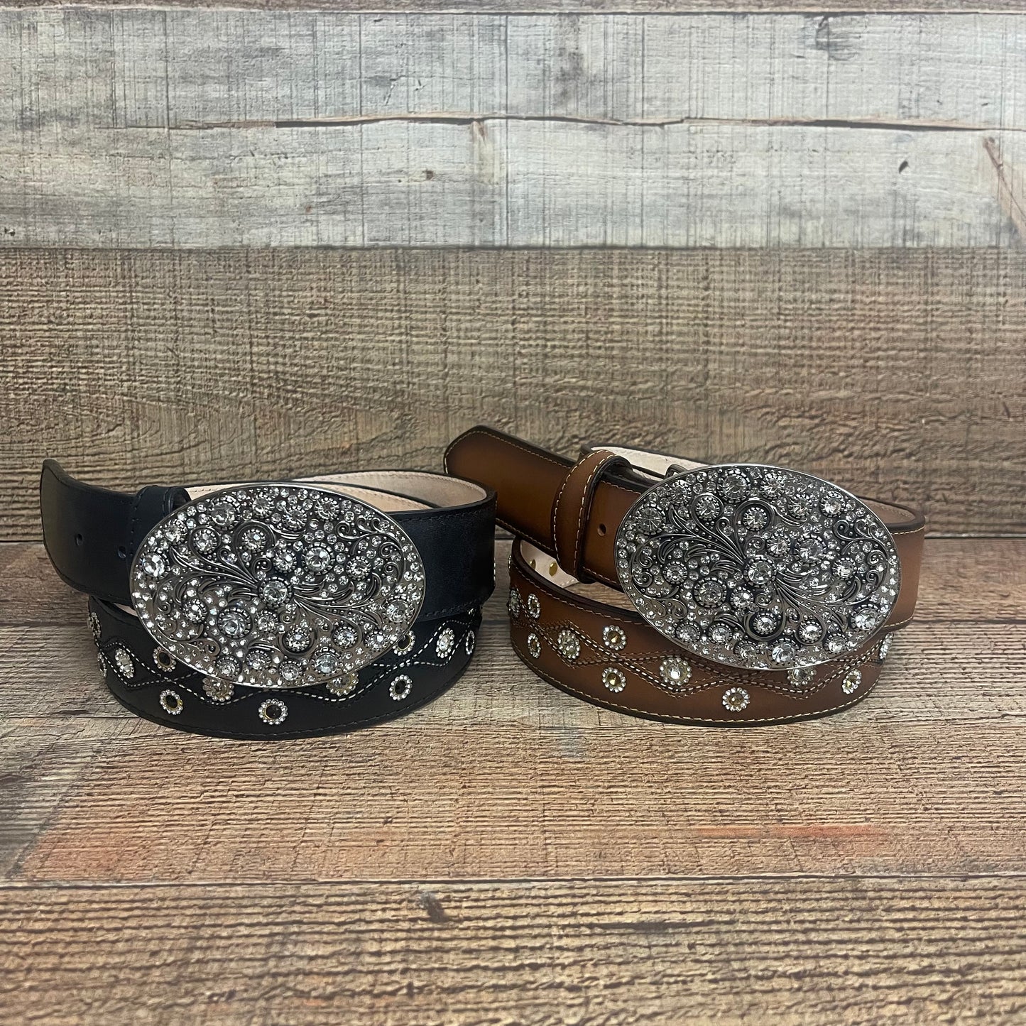 Women's Western Cowgirl Genuine Leather Belt Round Buckle with Rhinestones Design