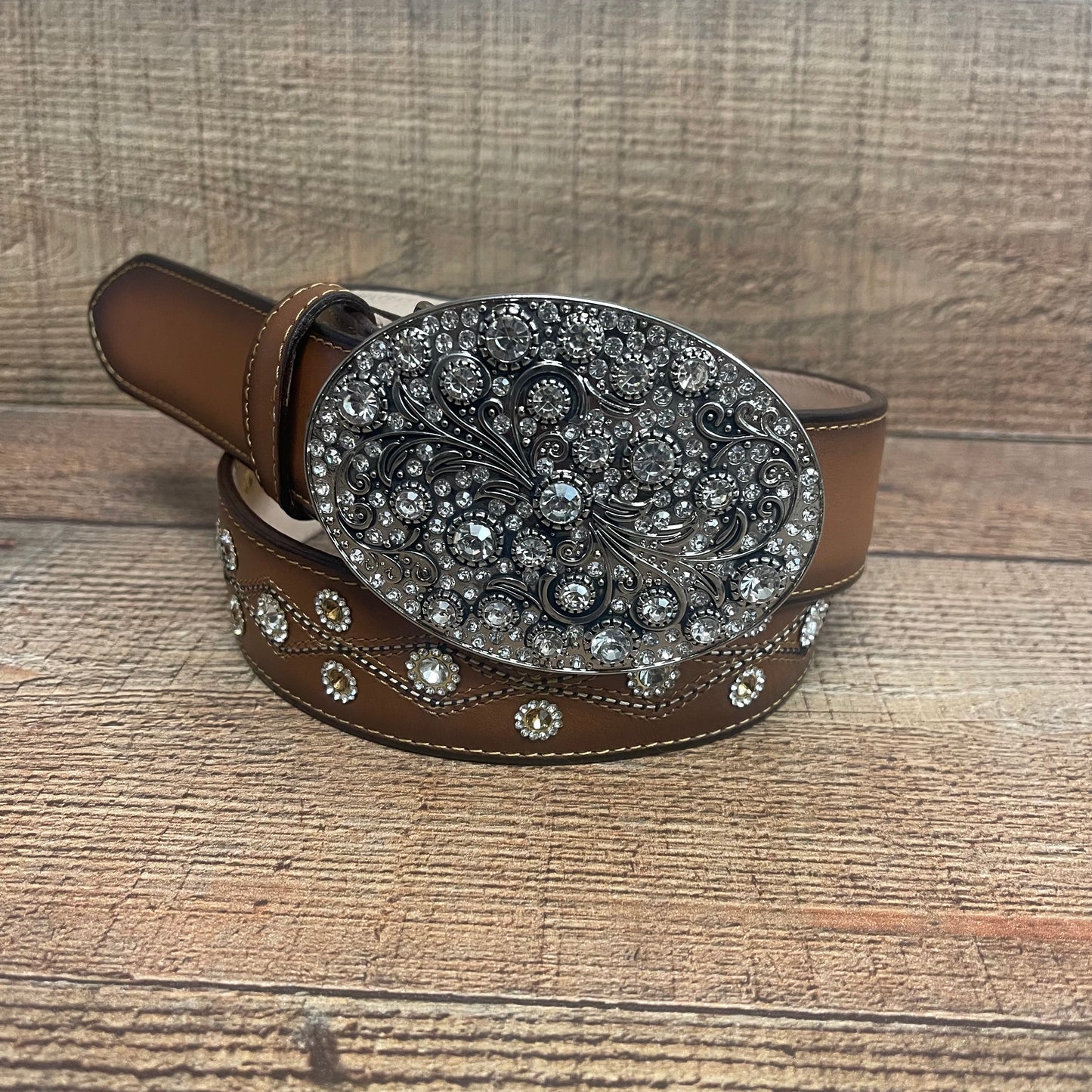Women's Western Cowgirl Genuine Leather Belt Round Buckle with Rhinestones Design