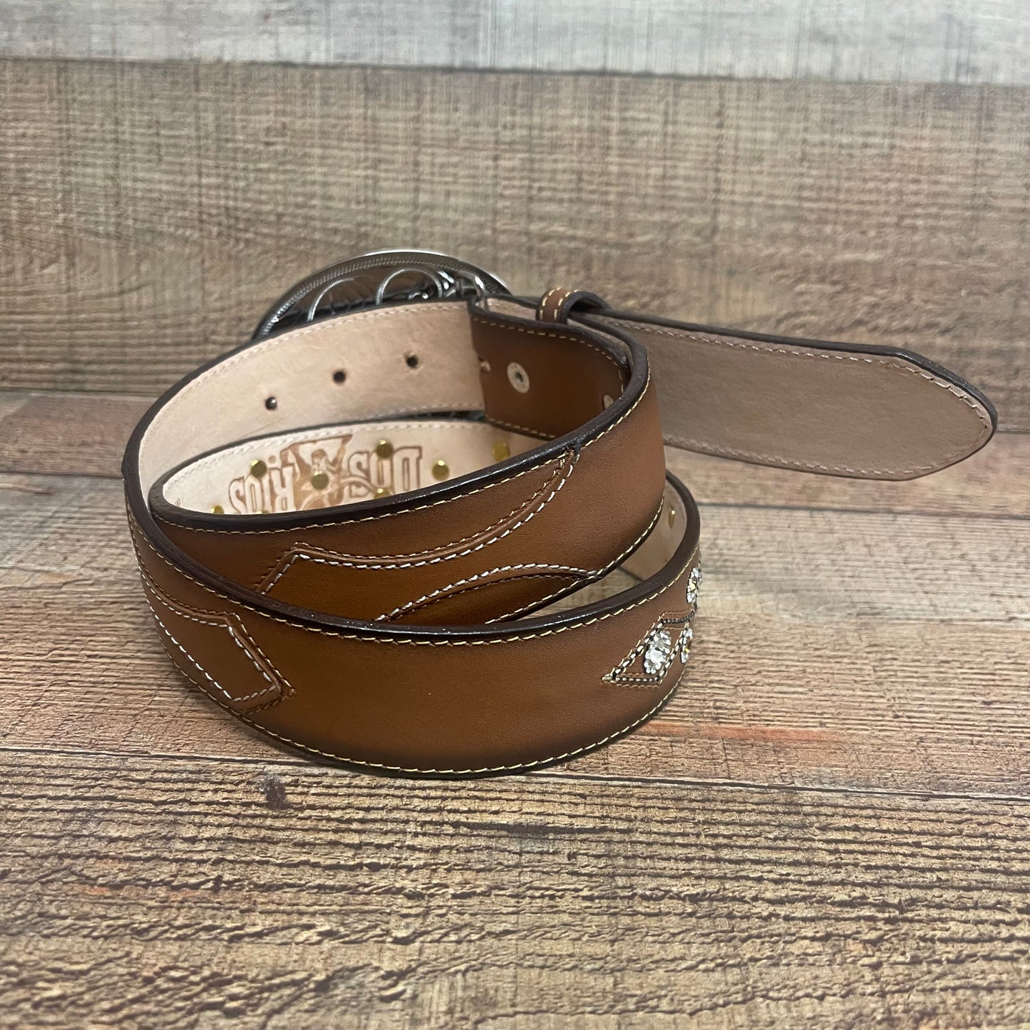 Women's Western Cowgirl Genuine Leather Belt Round Buckle with Rhinestones Design