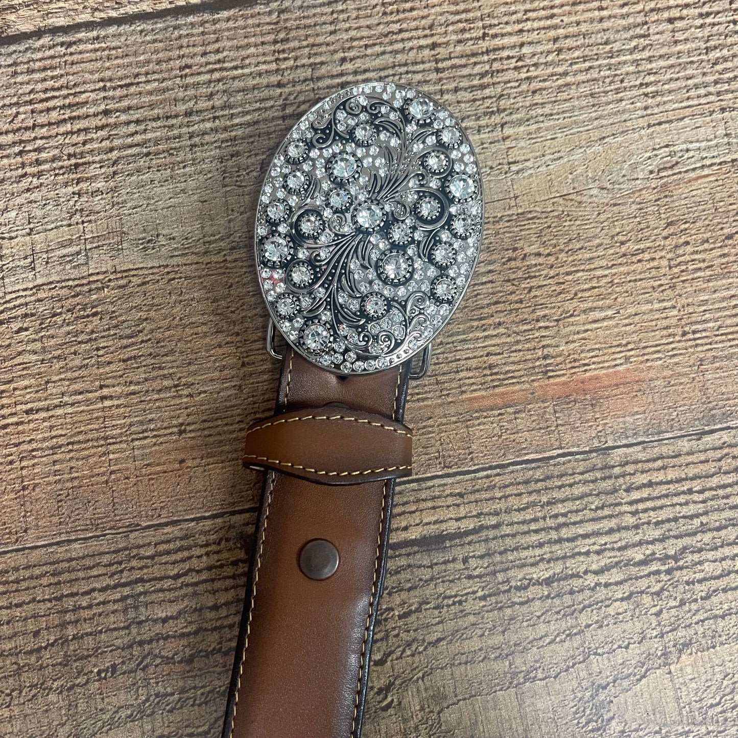 Women's Western Cowgirl Genuine Leather Belt Round Buckle with Rhinestones Design