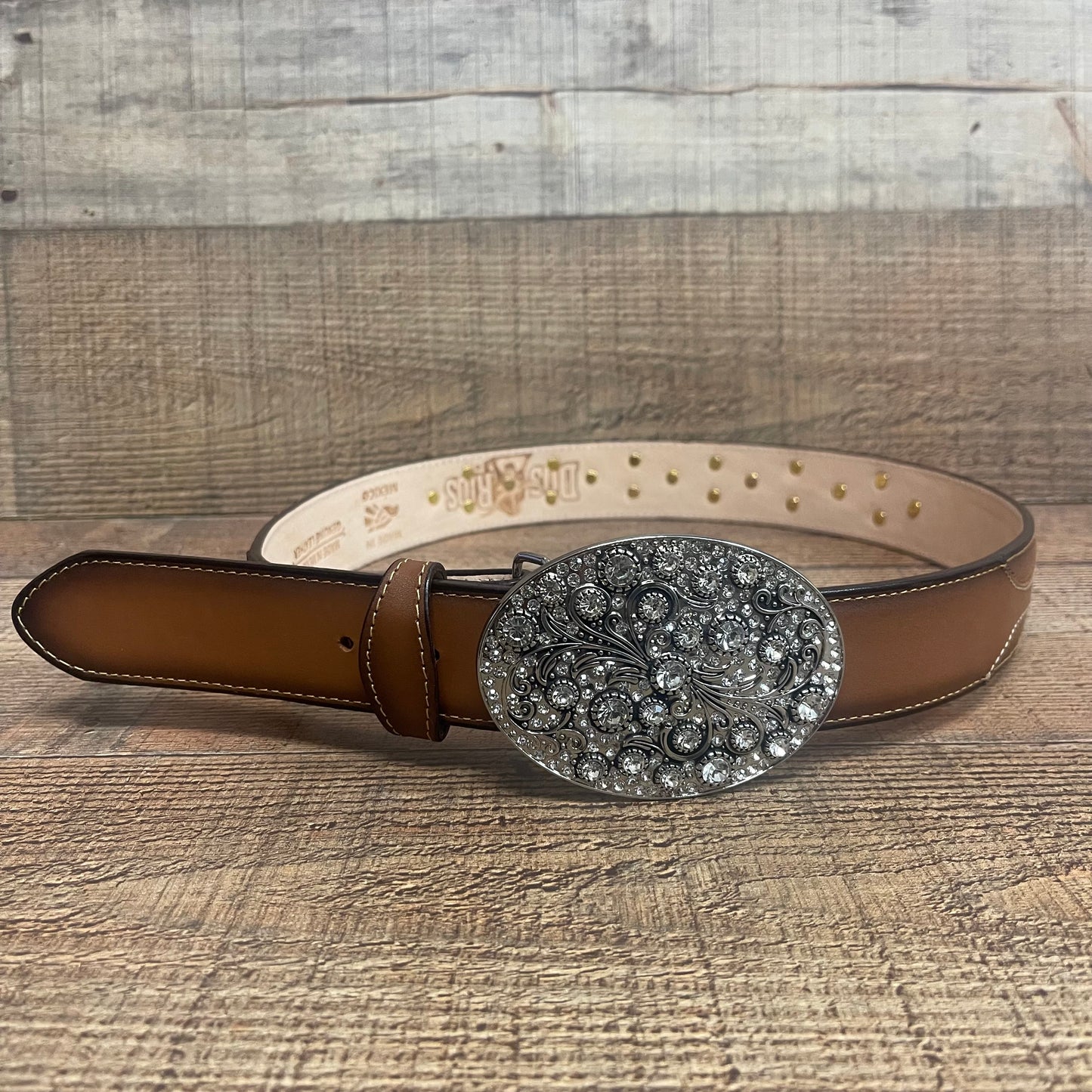 Women's Western Cowgirl Genuine Leather Belt Round Buckle with Rhinestones Design