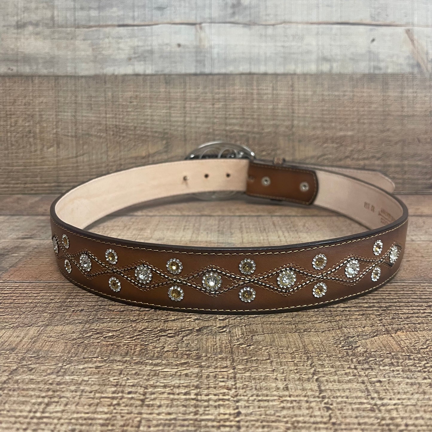 Women's Western Cowgirl Genuine Leather Belt Round Buckle with Rhinestones Design