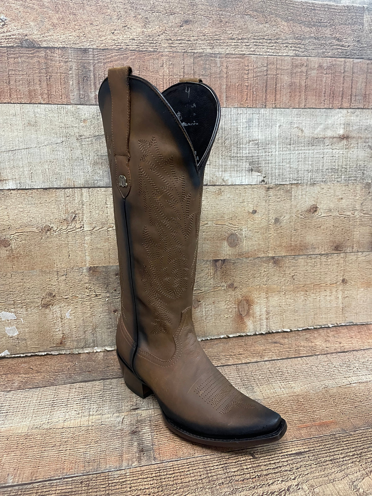 Women's Rodeo Cowgirl Tobacco Genuine Leather Snipped Toe High Heel Boots  Est.201 Tubo Alto Tabaco Piedras