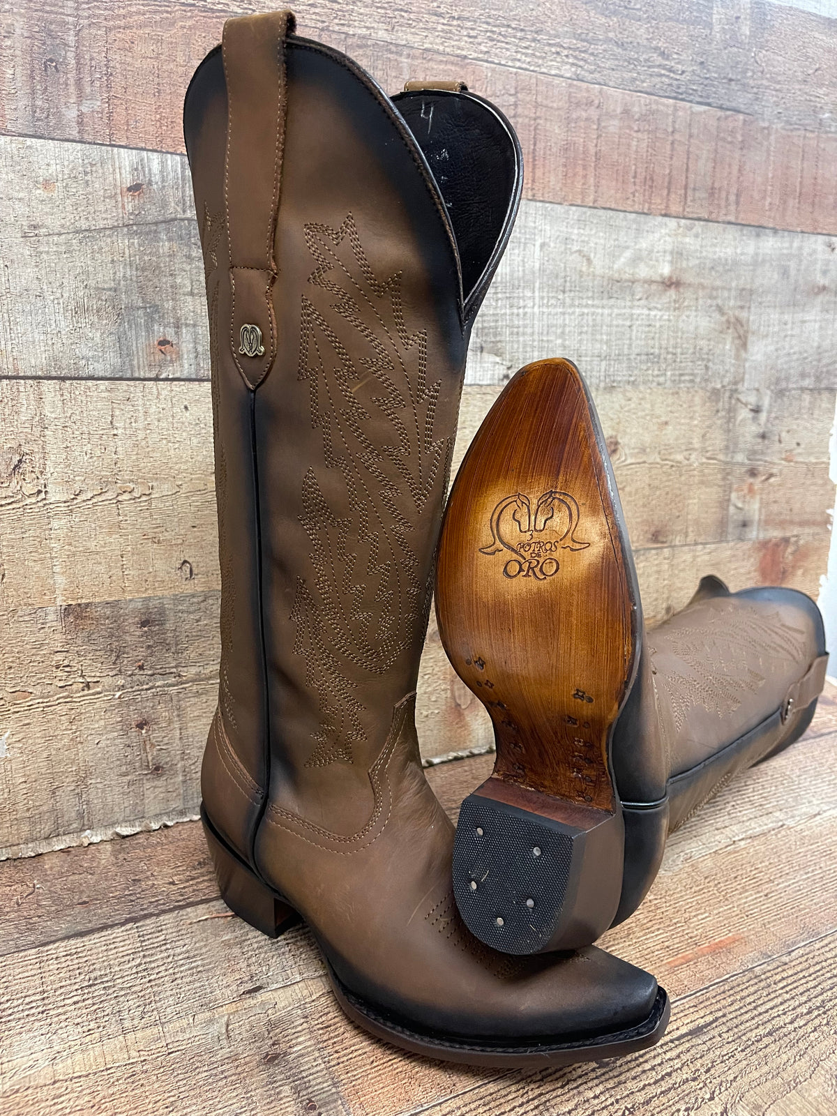 Women's Rodeo Cowgirl Tobacco Genuine Leather Snipped Toe High Heel Boots  Est.201 Tubo Alto Tabaco Piedras