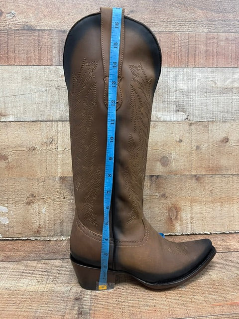 Women's Rodeo Cowgirl Tobacco Genuine Leather Snipped Toe High Heel Boots  Est.201 Tubo Alto Tabaco Piedras