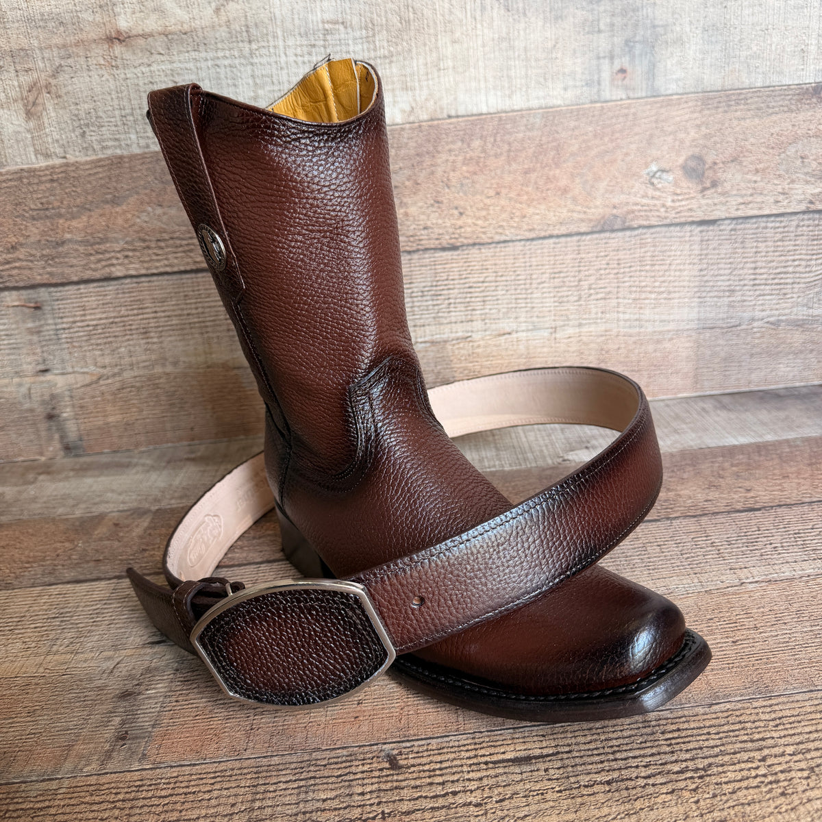 Men's Cowboy Set: Wester Zipper Genuine American Deer Leather Boots Dubai Toe Est. 264 Brandy with Belt